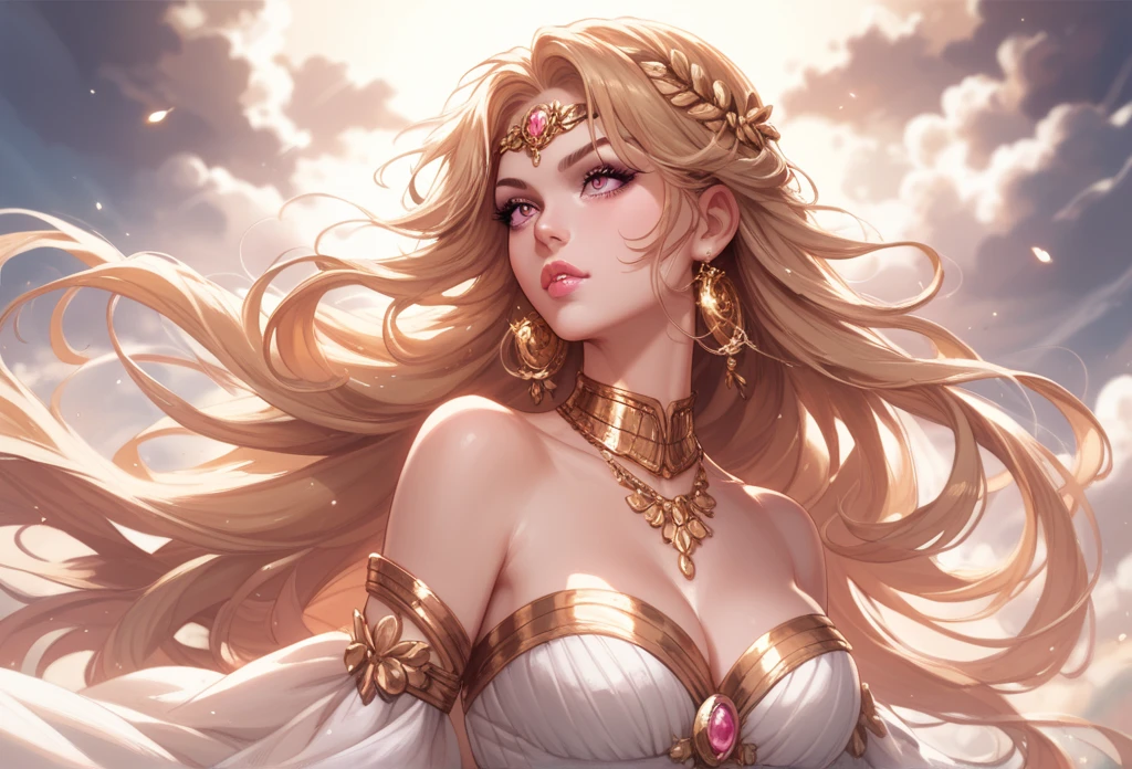 digital art anime style image of an adult woman, seen from afar and from the side ,  with long wavy golden hair split in half ,  beautiful bright pink eyes ,  lips painted with soft pink lip gloss ,  wearing a beautiful white and gold Greek goddess dress with strap , with a sharp look ,  with a serious expression ,  wielding a golden spear ,  against a backdrop of clouds and gold dust 