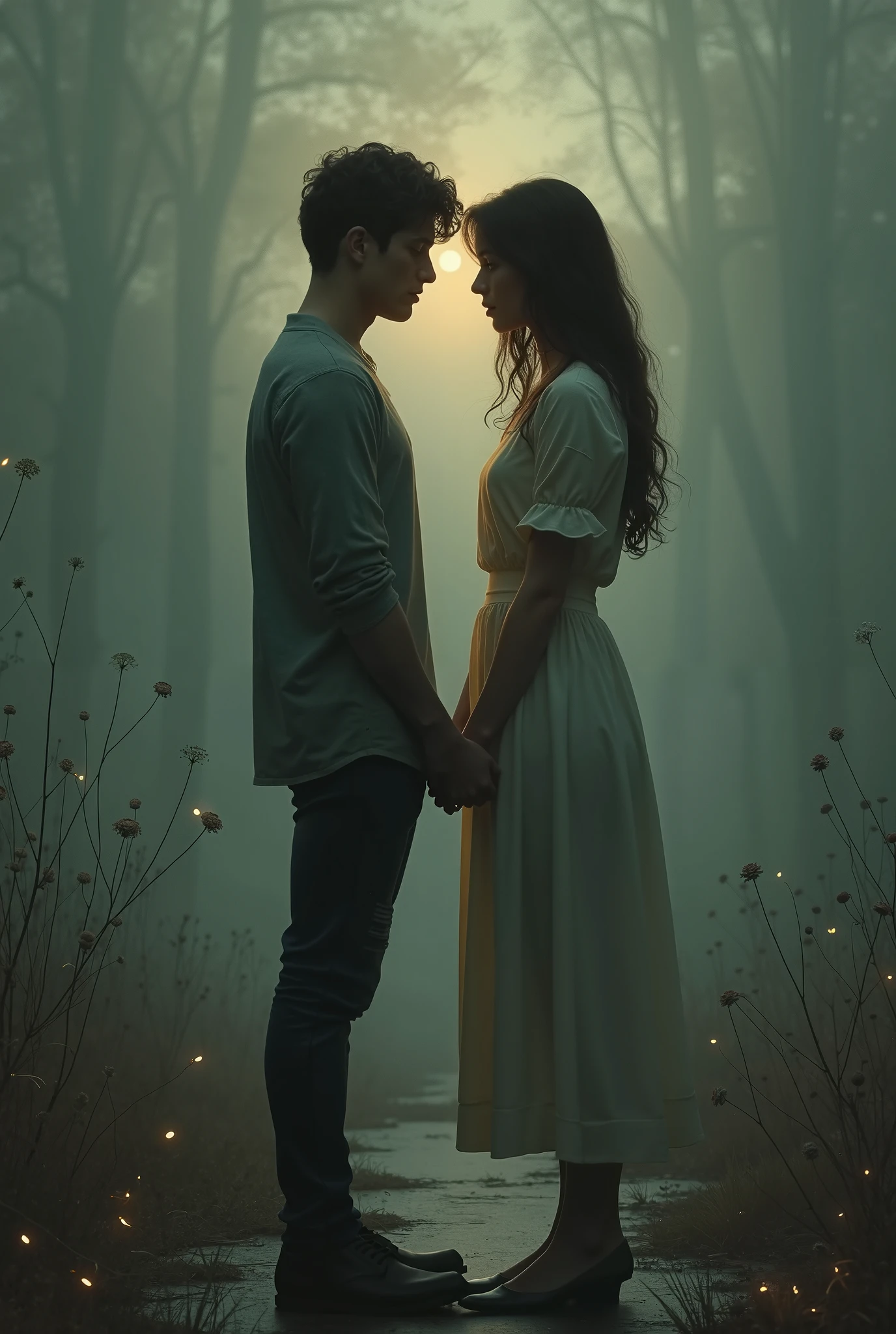 Generate image of a couple, crying because her garden was destroyed by locusts.