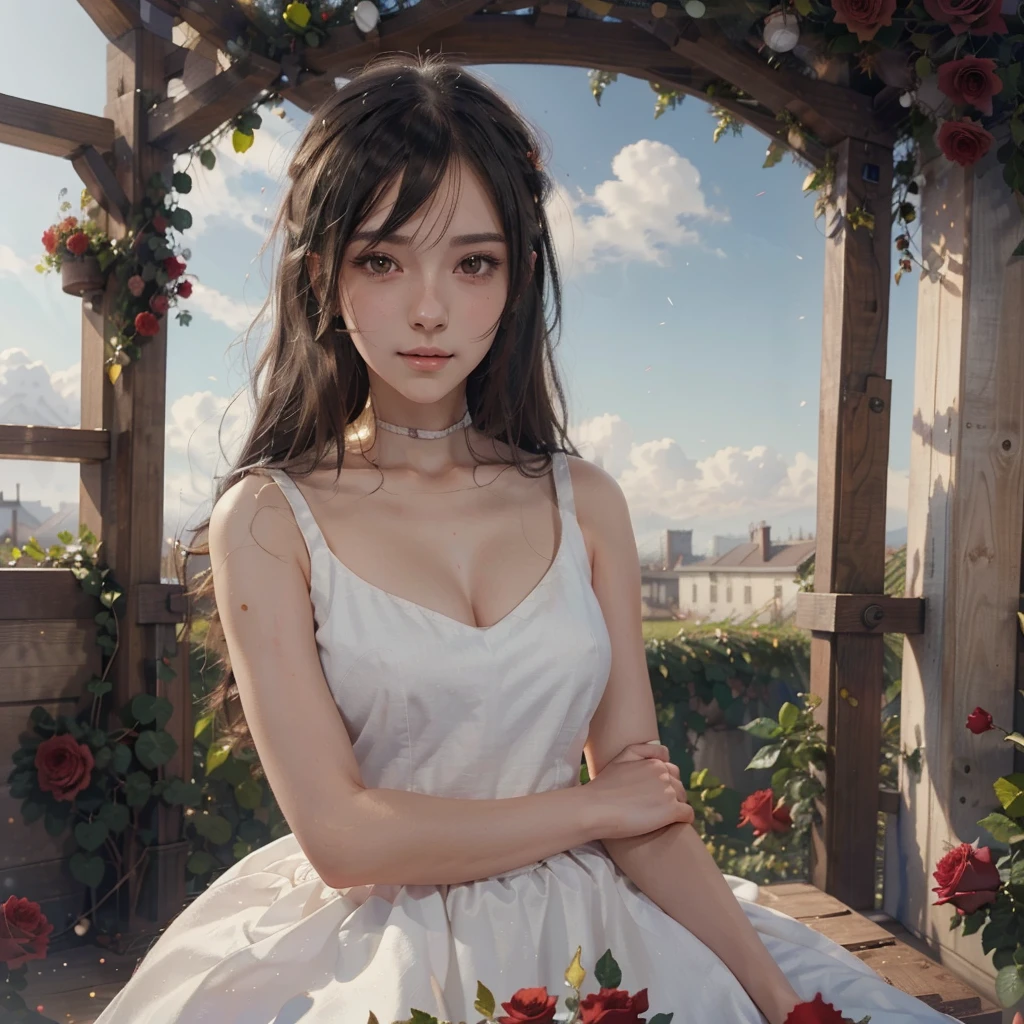 Anime girl with long black hair and a white dress with red roses, Gwaiz, Gwaiz on pixiv artstation,  detailed digital animation art, beautiful anime girl, Gwaiz on artstation pixiv, Anime Style 4k, everyone, beautiful anime portrait,  detailed portrait of an anime girl ,  BEAUTIFUL ANIME WOMEN ,  Detailed Anime Art 