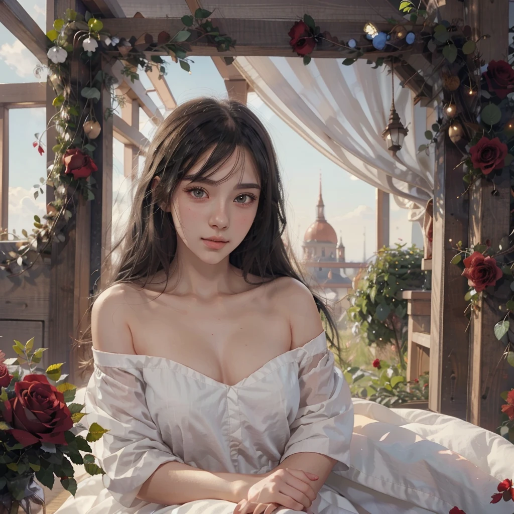 Anime girl with long black hair and a white dress with red roses, Gwaiz, Gwaiz on pixiv artstation,  detailed digital animation art, beautiful anime girl, Gwaiz on artstation pixiv, Anime Style 4k, everyone, beautiful anime portrait,  detailed portrait of an anime girl ,  BEAUTIFUL ANIME WOMEN ,  Detailed Anime Art 