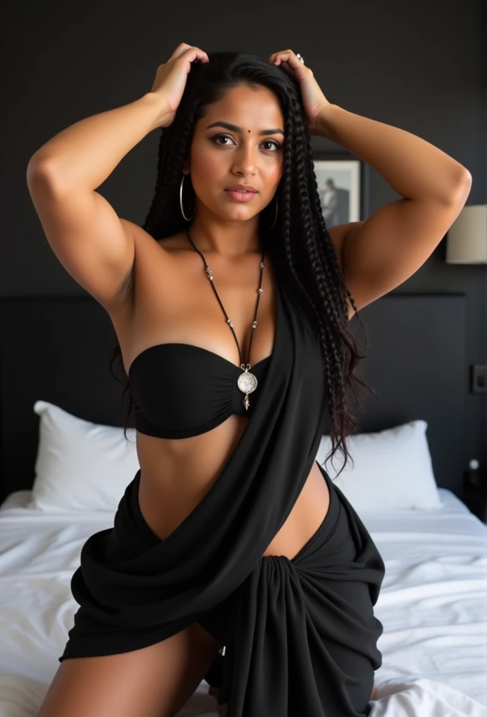 Hot indian milf  with 36-36-34 figure front view, curvy, black  saree with silver gray two piece sexy nighty ,big , in bedroom with black theme and white bedsjit, French braid hair with mangalsutra in neck with white skin american bodybuilder in boxer