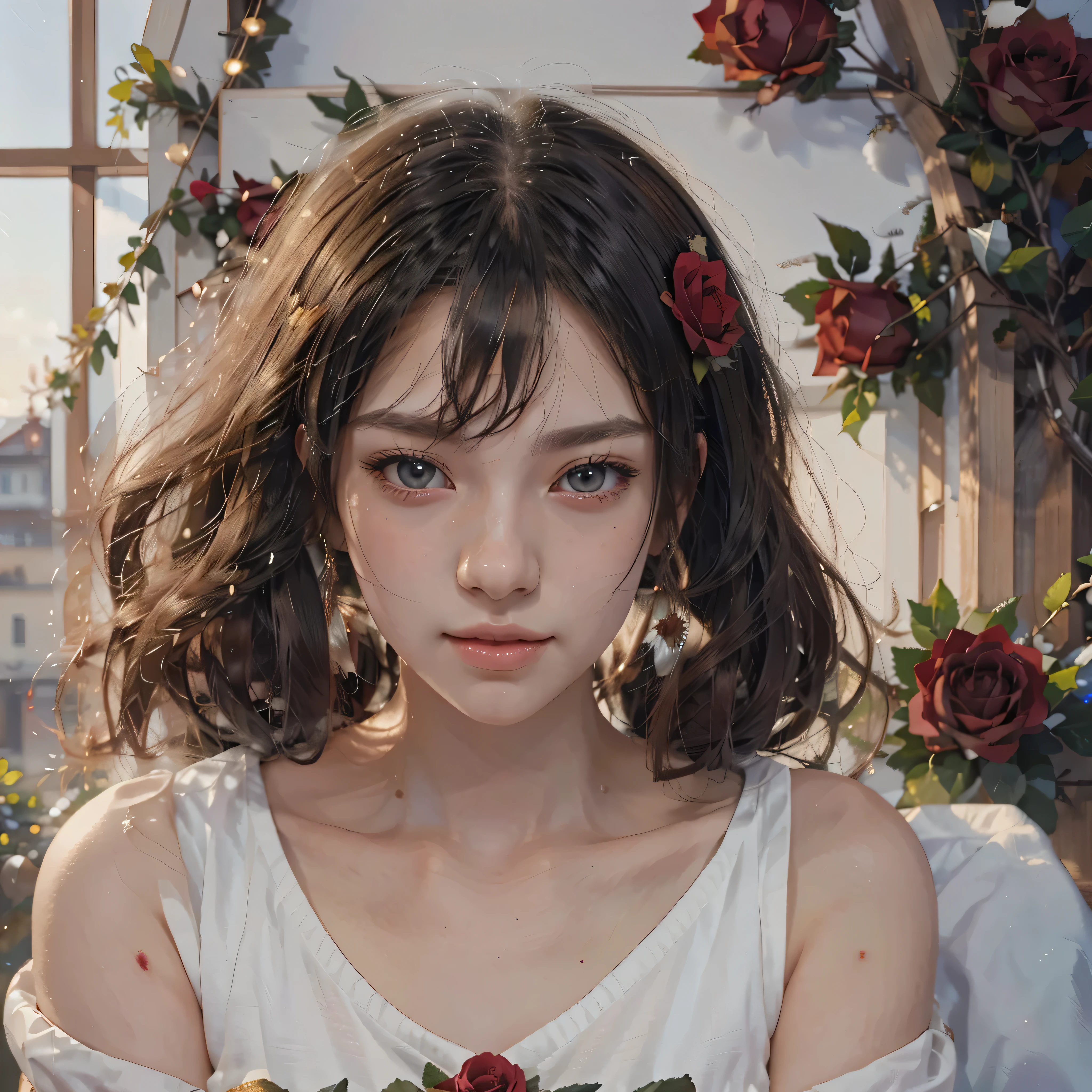 Anime girl with long black hair and a white dress with red roses, Gwaiz, Gwaiz on pixiv artstation,  detailed digital animation art, beautiful anime girl, Gwaiz on artstation pixiv, Anime Style 4k, everyone, beautiful anime portrait,  detailed portrait of an anime girl ,  BEAUTIFUL ANIME WOMEN ,  Detailed Anime Art 