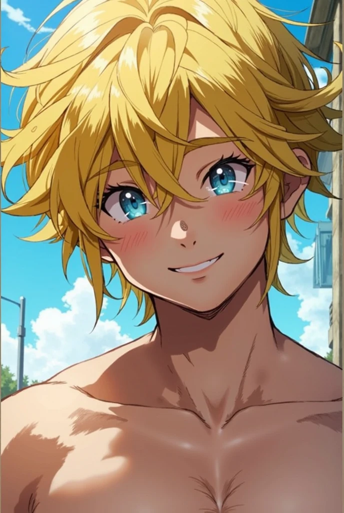 masterpiece, best quality, high quality, 1male, solo, luck_voltia, blonde hair, blue eyes, male_focus, hair between eyes, feeling shy, fully naked, frontal, in the beach, a bit of bushes and vegetation, full body, male genitals, small-size soft penis, handsome, detailed face, eyes and hands without errors, anime style, best quality, high detail, unity 8k wallpaper, high resolution, standing, vivid colors, detailed high quality background,skinny, 16 years old, pene pequeño, detalle nítido, extremadamente detallado, Intrincado, Alta resolución, desnudo, baja estatura, piernas visibles, cuerpo completo