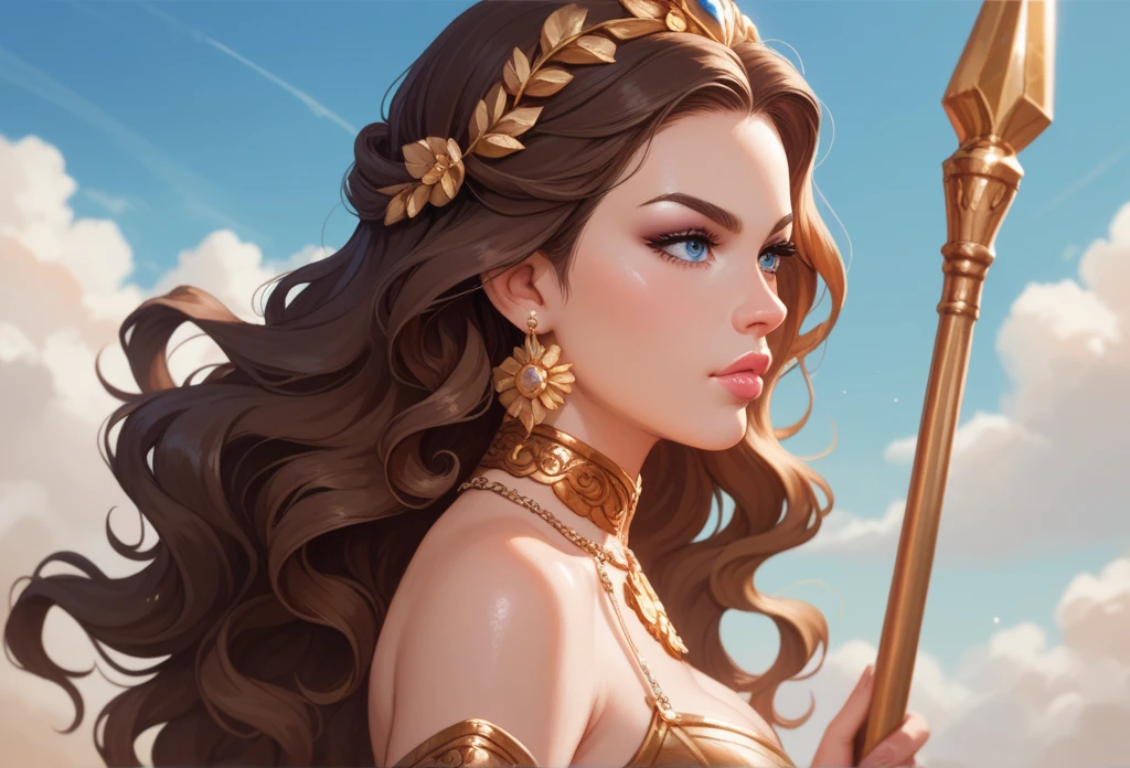 digital art anime style image of an adult woman, seen from afar and from the side ,  with long dark brown and wavy hair split in half, beautiful bright dark blue eyes ,  lips painted with soft pink lip gloss ,  wearing a beautiful white and gold Greek goddess dress with strap , with a sharp look ,  with a serious expression ,  wielding a golden spear ,  against a backdrop of clouds and gold dust 