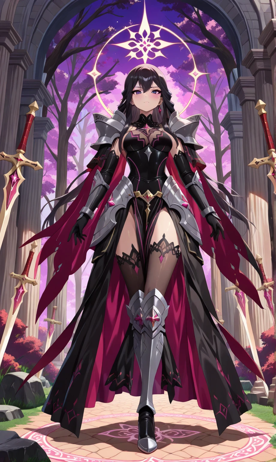 Lucy Liu in feminine samurai battle armor, brightly colored demon themed, dark energy swirls around her, wielding an intricate black bladed sword, she is moving through a cherry orchard, cherry petals falling around her like snow, hateful look on her face, show her from head to toe, show her entire body