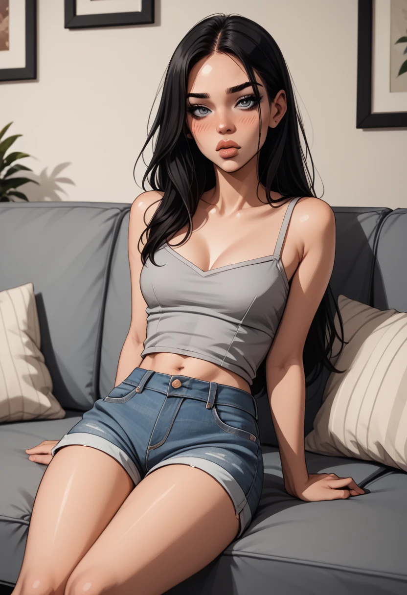   Incredible photo of a sexy woman with long black hair, seductive look, soft lips,   blushing intensely  , gray top,  denim shorts sexy , medium chest,   perfect body,   Sitting on the couch  ,  relaxed,makeup, thick thighs  , posição sentada relaxed ,   sunny and clear afternoon   ,   perfect anatomy  