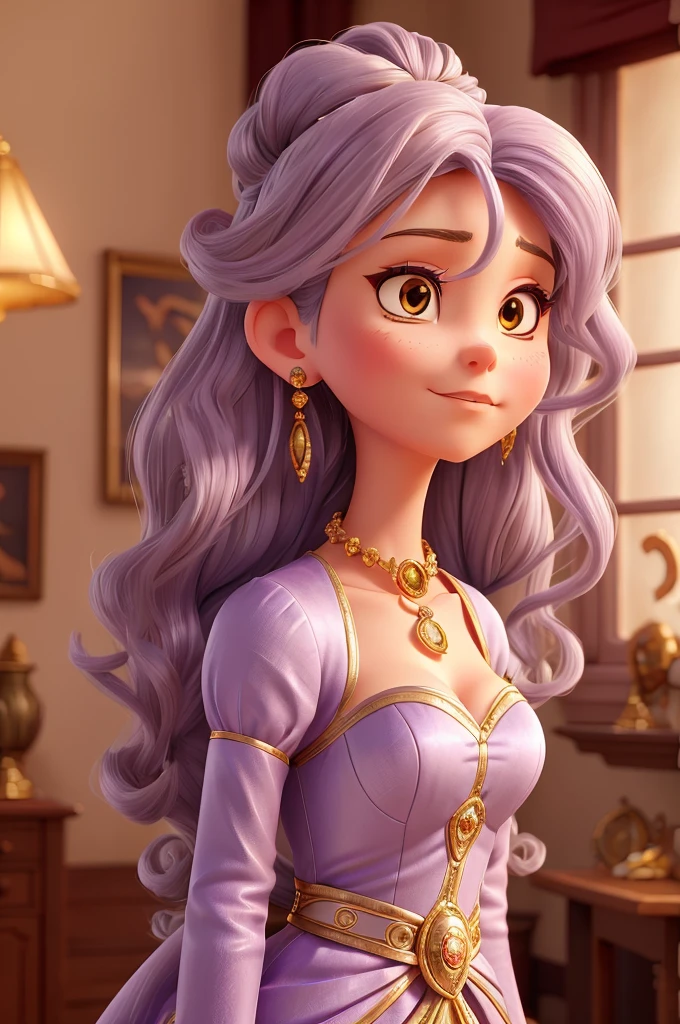 a woman with a tall and stylized figure,  with a youthful face that contradicts her age .  Her hair is long and silver with light purple sparkles that fall in soft curls up to her waist,  always impeccably cared for .  Her eyes are large and of a vibrant amber shade ,  who seem to shine with constant emotion . Her skin is clear and luminous,  giving her an almost ethereal air .  She wears a very elaborate and striking outfit ,  consisting of an elegant dress with patterns felines ,  that combines warm tones and soft textures , like velvet and silk .  She wears multiple cat-themed accessories : necklaces, earrings,  and a feline-shaped brooch on her chest .