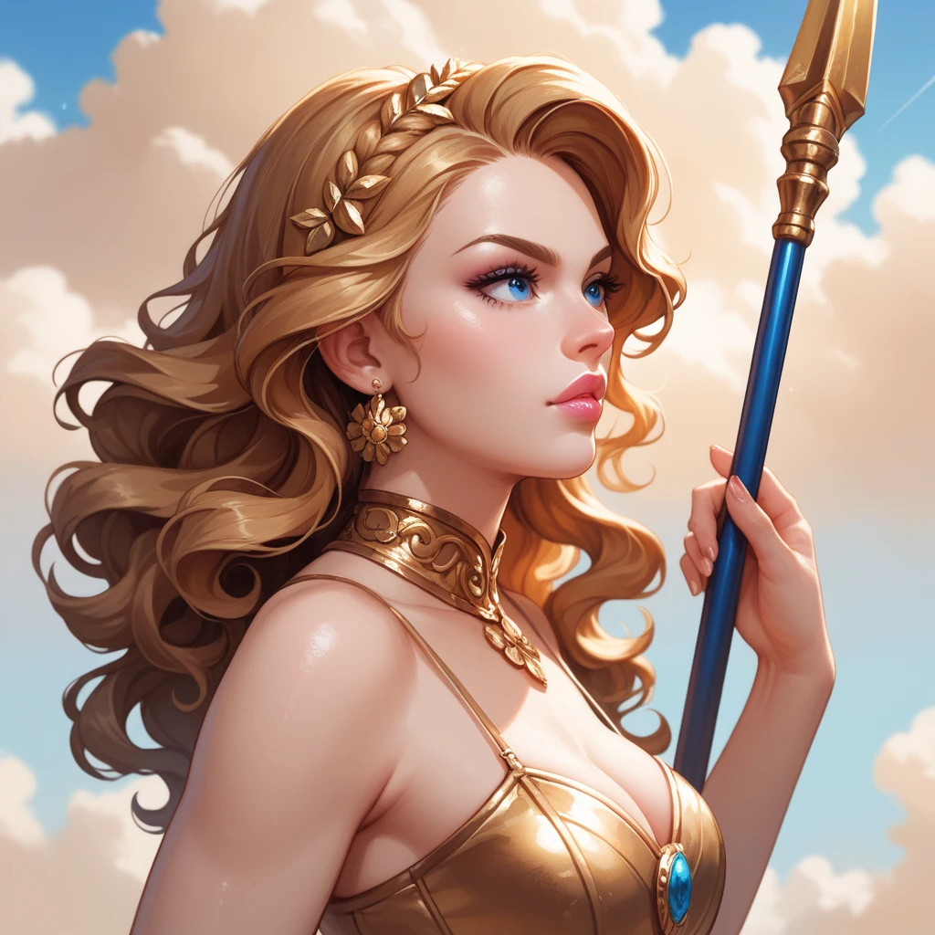 digital art anime style image of an adult woman, seen from afar and from the side ,  with long dark brown and wavy hair split in half, beautiful bright dark blue eyes ,  lips painted with soft pink lip gloss ,  wearing a beautiful white and gold Greek goddess dress with strap , with a sharp look ,  with a serious expression ,  wielding a golden spear ,  against a backdrop of clouds and gold dust 