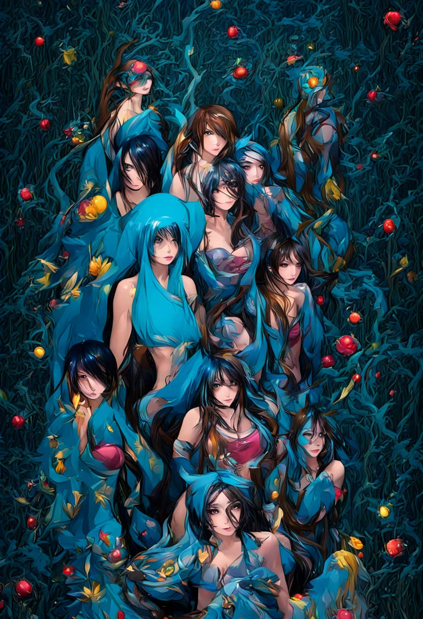   groups s taking pictures at the moon dark night forest bodies Athletic big breasts big buttocks straight hair light blue long pink tips. micro thong blue mini yellow top fitted nipples highlight different eyes color    . long nails tattoos symbols  