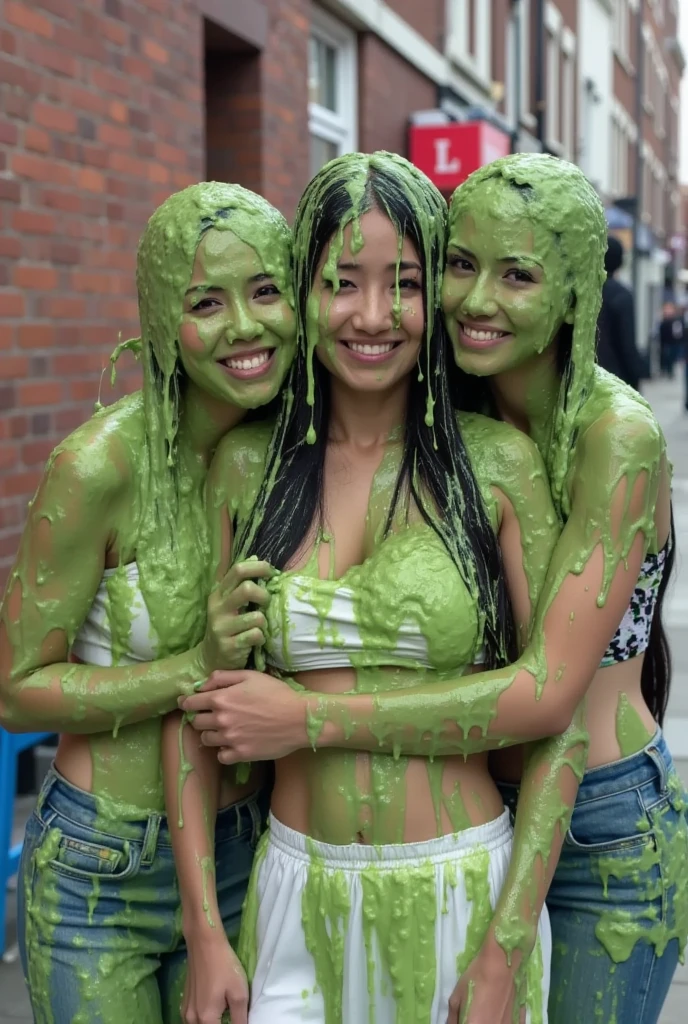 DSLR photograph. Beautiful Chinese woman covered in green water. Two Korean women hugging the Chinese woman. Photorealistic. Wet liquid. Nasty slime. Raw photo. Wearing strapless white dress. London streets. Daytime. Green Slime. Dripping green goo. Wavy Black hair. Green water. Portrait photo. Cleavage. Big boobs. 