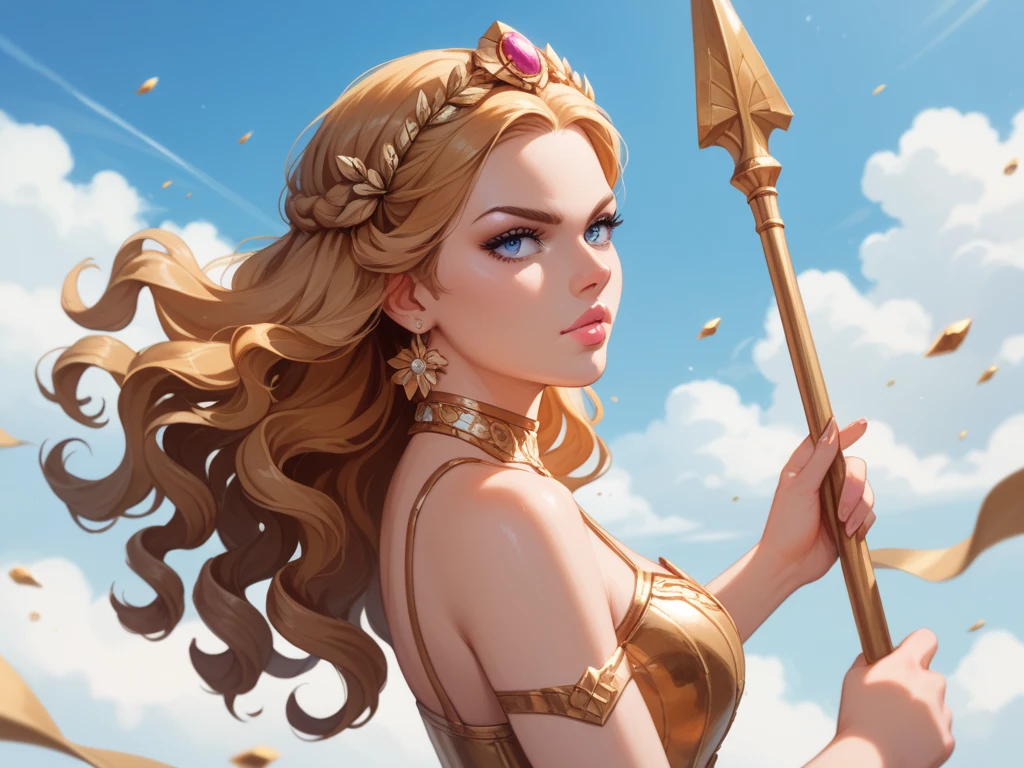 digital art anime style image of an adult woman, seen from afar and from the side ,  with long dark brown and wavy hair split in half, beautiful bright dark blue eyes ,  lips painted with soft pink lip gloss ,  wearing a beautiful white and gold Greek goddess dress with strap , with a sharp look ,  with a serious expression ,  wielding a golden spear ,  against a backdrop of clouds and gold dust 