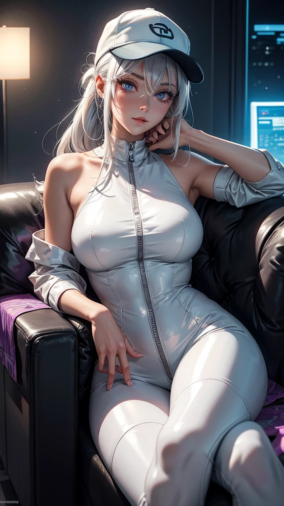 (Extreme Detail CG Unity 8K wallpaper, masterpiece, highest quality), (Exquisite lighting and shadow, highly dramatic picture, Cinematic lens effect), a girl in a white Spider-Man costume, silver gray hair color, from the Spider-Man parallel universe, Wenger, Marvel, Spider-Man, sitting on the couch, dynamic pose), (excellent detail, excellent lighting, wide angle), (excellent rendering, enough to stand out in its class), focus on white Spider-Man costumes, complex spider textures