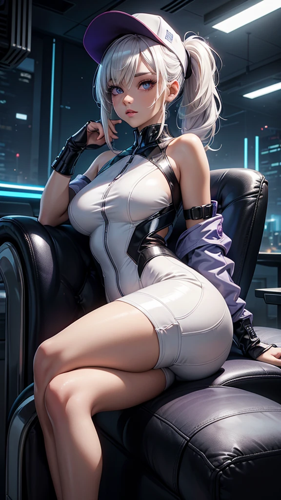 sitting girl, white hair, long sideburns, long fangs, glowing red eyes, claws, small round breasts, cleavage, thin waist, (((like a jack queen, sitting imposingly, sarcastic smile, platform heels, thick thighs) )), dark low-light scene where only a beam of light enters through the ceiling, {extremely detailed 16k CG unit wallpaper}, expansive landscape photography, (a view from below with focus on the character and setting), (wide open field view), (low angle shot), (high light: 1.2), (low light: 1.5), (warm light source: 1.2), complex details, (iridescent colors: 1.5), (illumination bright), (atmospheric lighting), dreamy, unique,