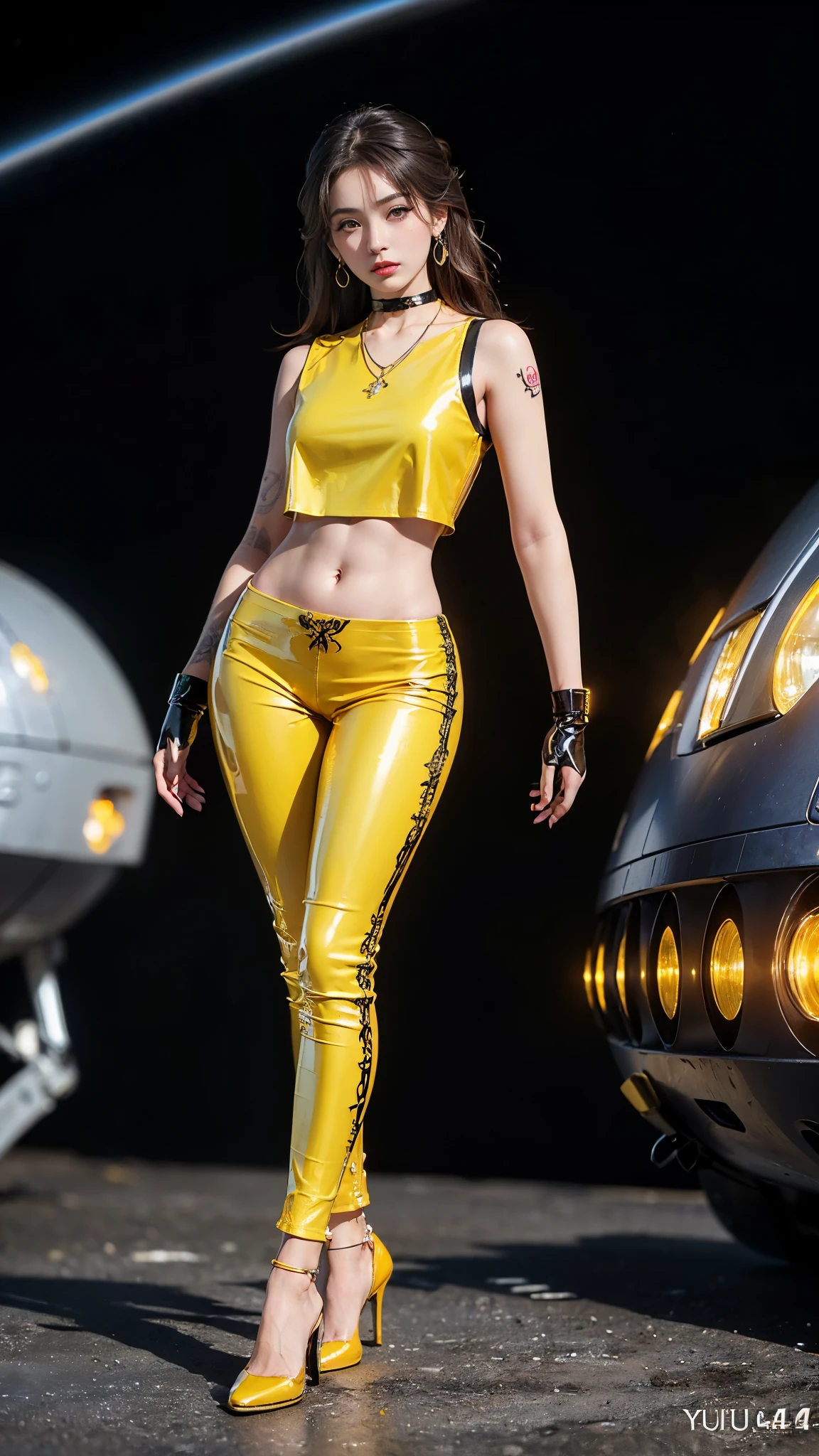 ((masterpiece:1.4)、(highest quality:1.4)、(realistic:1.7))、master piece:1.4、(Finest rendering:1.4)、(Kaoru, the beautiful navigator of Space Battleship Fuji:1.4)、Super beautiful航海士Kaoru、(Written by Luis Royo:1.4)、(A uniform that accentuates your beautiful figure:1.2)、(Futuristic sci-fi battle fashion:1.2)、(street style wear)、(tight fit pants)、(Luxurious shiny latex:1.4)、(Luxury yellow latex:1.4)、19 years old、(cute tattoo:1.4)、(wearing yellow gloves)、cute girl、Super beautiful、(seductive pose)、sharp focus、portrait photography:1.4、8k、realistic photo images:1.4、(perfect female body:1.4)、perfect proportions、(standing:1.4)、(full body photography:1.4)、beautiful face、fearless look、beautiful eyes、(A girl with a beautiful body that emphasizes her slender abdominal muscles)、narrow waist:1.4、(9 life size beautiful style girl:1.4)、(Beautiful girl with long legs and good style:1.4)、beautiful feet、(long hair:1.2)、dark makeup、eye shadow、Glow eye、glow lip、beautiful breasts、big breasts:1.2、sexy butt、(standing facing forward:1.4)、Raw photo、red lips、Yellow high heels:1.4、choker:1.4、necklace:1.4、earrings:1.4、1 screen display、Space Battleship Fuji bridge:1.2