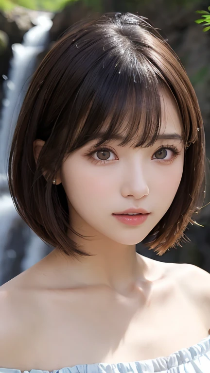  one girl , ( Beautiful Girl ,  delicate girl:1.3), (:1.3),
break,  (string、 off the shoulder top :1.2),
break, (Small waterfall　background:1.2),
break,  very beautiful eyes, ( symmetrical eyes next to woman :1.3),
break, (Big Breasts:1.1),  Brown Eyes , Split bangs,  brown bob cut , Round face, cute,
break, (Eyes and facial details:1.0),
break, (masterpiece,  best quality,  very detailed,  detailed face , 8k)