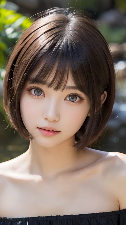  one girl , ( Beautiful Girl ,  delicate girl:1.3), (:1.3),
break,  (string、 off the shoulder top :1.2),
break, (Small waterfall　background:1.2),
break,  very beautiful eyes, ( symmetrical eyes next to woman :1.3),
break, (Big Breasts:1.1),  Brown Eyes , Split bangs,  brown bob cut , Round face, cute,
break, (Eyes and facial details:1.0),
break, (masterpiece,  best quality,  very detailed,  detailed face , 8k)