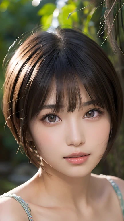  one girl , ( Beautiful Girl ,  delicate girl:1.3), (:1.3),
break,  (string、 off the shoulder top :1.2),
break, (Small waterfall　background:1.2),
break,  very beautiful eyes, ( symmetrical eyes next to woman :1.3),
break, (Big Breasts:1.1),  Brown Eyes , Split bangs,  brown bob cut , Round face, cute,
break, (Eyes and facial details:1.0),
break, (masterpiece,  best quality,  very detailed,  detailed face , 8k)