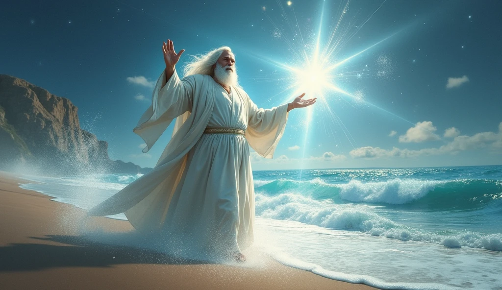 Imagine an epic and stylized scene where God appears as a majestic and energetic figure, as he separates the waters from the land, creating a beautiful beach. His face shines so brightly that it is invisible, with a white beard and long white hair, glowing particles floating in the air. He raises His hand with authority, as rays of light shoot out from His fingers, illuminating everything around Him. In the background, a contrast of clarity with lots of light, with the idea that He is beginning a great work of cosmic art. The expression on God's face reflects determination and creativity, with contemporary styling to give the biblical moment a modern vibe.