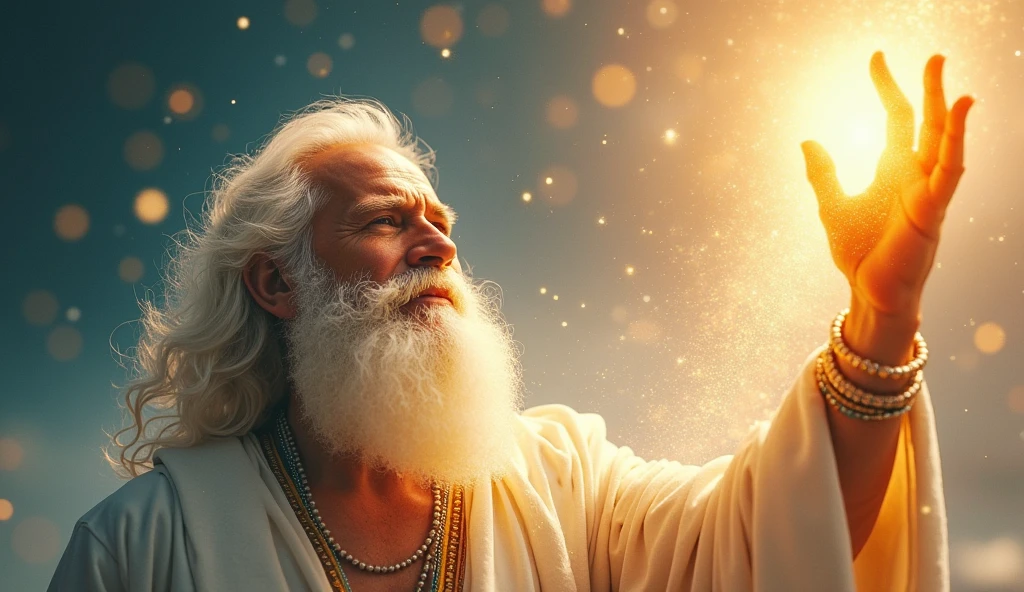 Imagine an epic and stylized scene where God appears as a majestic and energetic figure, as he separates the waters from the land, creating a beautiful beach. His face shines so brightly that it is invisible, with a white beard and long white hair, glowing particles floating in the air. He raises His hand with authority, as warm-colored rays of light shoot out from His fingers, illuminating everything around Him. In the background, a contrast of clarity with lots of light, with the idea that He is beginning a great work of cosmic art. The expression on God's face reflects determination and creativity, with contemporary styling to give the biblical moment a modern vibe.[