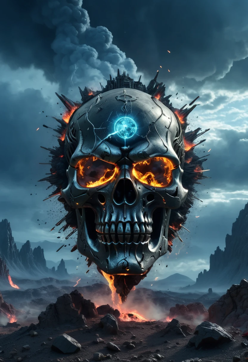 Ultra-detailed 16K resolution, Realistic apocalypse with Astro Twist. the skull, reminiscent of a rock star, is presented in intricate detail against a backdrop of chaos. Smoke envelops the scene, the flames rage and the rays light up the sky. The celestial elements integrated into the skull'The design gives it a cosmic look, otherworldly vibe.. This design captures the intensity of an apocalypse with a unique astro-rock aesthetic.
