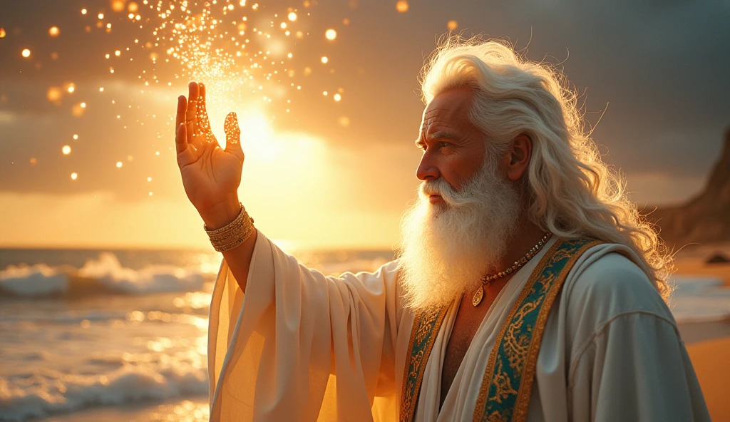 Imagine an epic and stylized scene where God appears as a majestic and energetic figure, as he separates the waters from the land, creating a beautiful beach. His face shines so brightly that it is invisible, with a white beard and long white hair, glowing particles floating in the air. He raises His hand with authority, as warm-colored rays of light shoot out from His fingers, illuminating everything around Him. In the background, a contrast of clarity with lots of light, with the idea that He is beginning a great work of cosmic art. The expression on God's face reflects determination and creativity, with contemporary styling to give the biblical moment a modern vibe.[