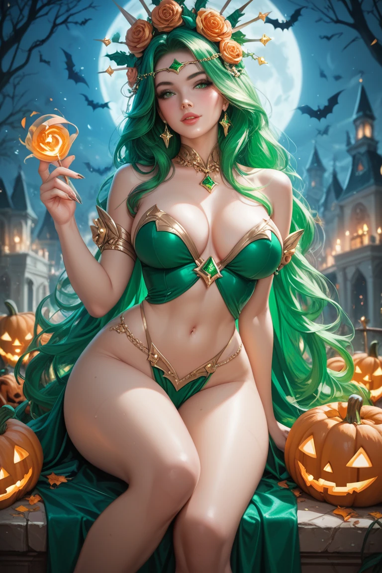 A very beautiful ****** witch with green hair green eyes very big and busty at a very laciva Halloween party a divine perfection sitting with her legs