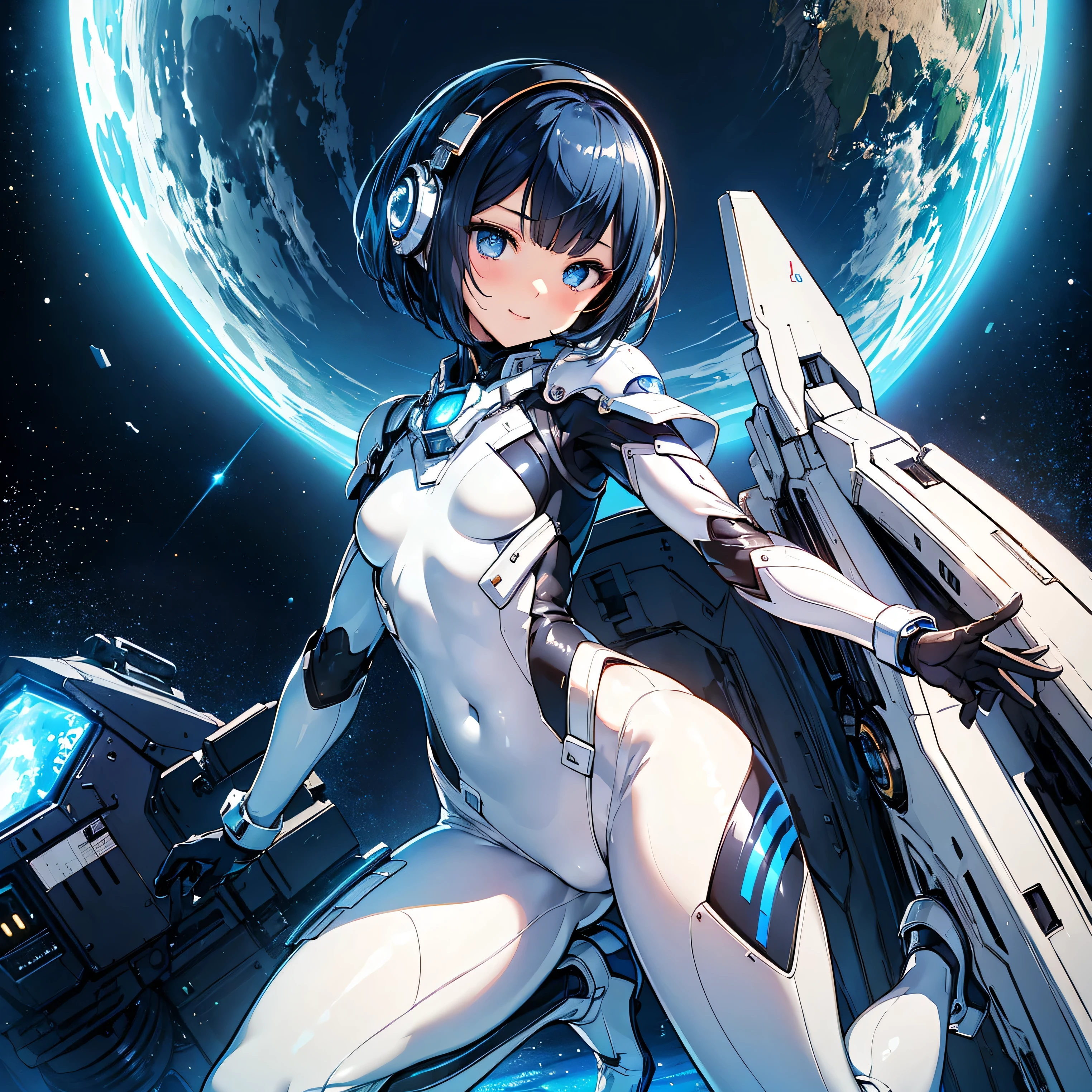 (masterpiece、 top quality 、 highest resolution、 clear_image、 Detailed Details): (Whole body、A 20 year old girl、Japanese Faces、 small face、 slender、 dark blue super short bob cut hair、(Hidden small breasts:1.3)、Sparkling blue eyes 、 white, blue, and black shiny pilot suit、Chest protection armor、Tight fitting clothes、Clothing that covers the whole body、Glamorous clothes、 tight fit pants 、Hide your skin、 very delicate and beautiful、Detailed Skin、Hide your thighs、Hide your ass、 cute、A gentle smile、Soft expression、heroine、 headset、 long boots、Elbow-length gloves、 eye level shot、Peace talks between warring factions,attention arousal, Clever Blue Eyes,Face directly、 woman on a spaceship )、 background、Moon in the background、shiny pilot suit in white, blue and black colors with galaxy clouds on the background 