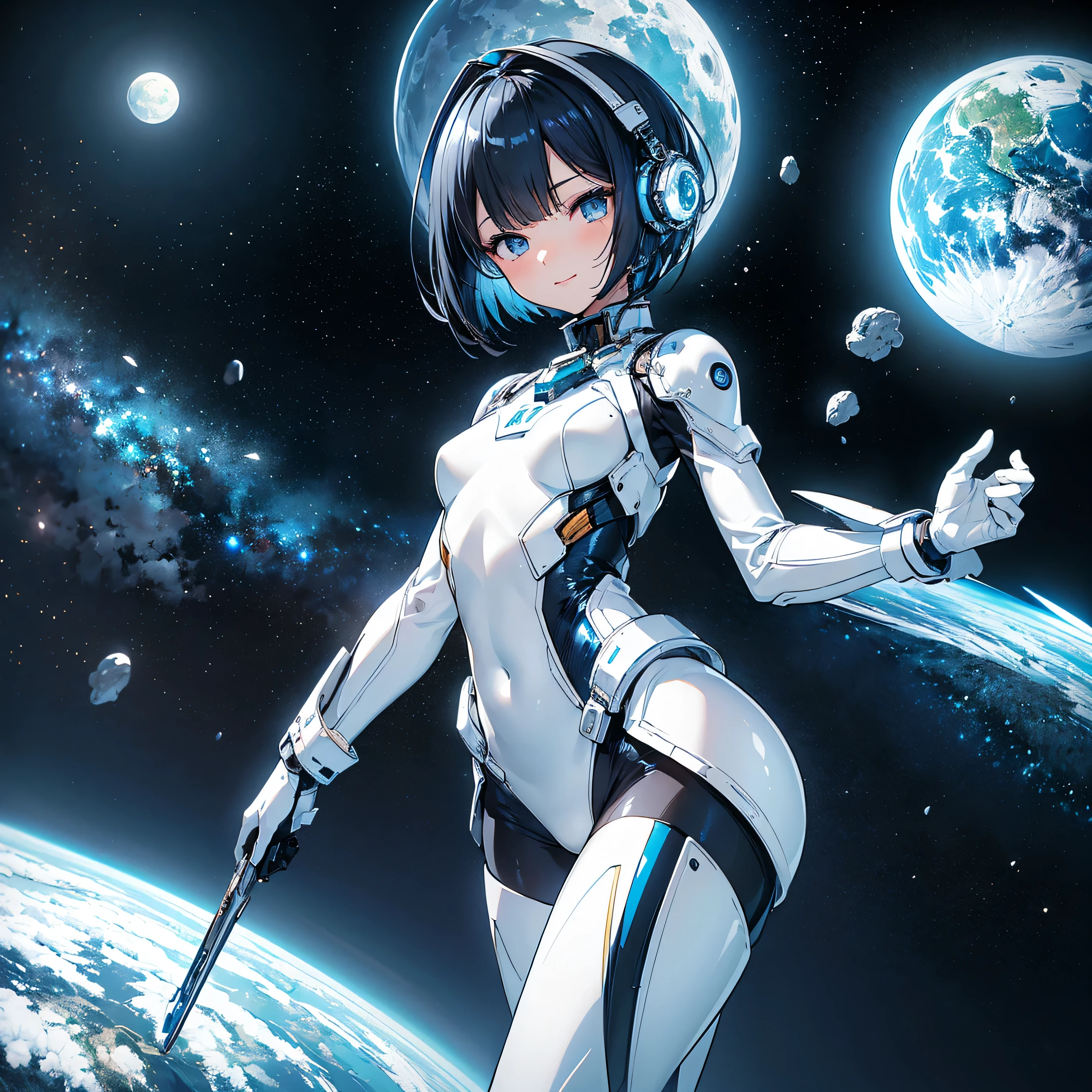 (masterpiece、 top quality 、 highest resolution、 clear_image、 Detailed Details): (Whole body、A 20 year old girl、Japanese Faces、 small face、 slender、 dark blue super short bob cut hair、(Hidden small breasts:1.3)、Sparkling blue eyes 、 white, blue, and black shiny pilot suit、Chest protection armor、Tight fitting clothes、Clothing that covers the whole body、Glamorous clothes、 tight fit pants 、Hide your skin、 very delicate and beautiful、Detailed Skin、Hide your thighs、Hide your ass、 cute、A gentle smile、Soft expression、heroine、 headset、 long boots、Elbow-length gloves、 eye level shot、Peace talks between warring factions,attention arousal, Clever Blue Eyes,Face directly、 woman on a spaceship )、 background、Moon in the background、shiny pilot suit in white, blue and black colors with galaxy clouds on the background 