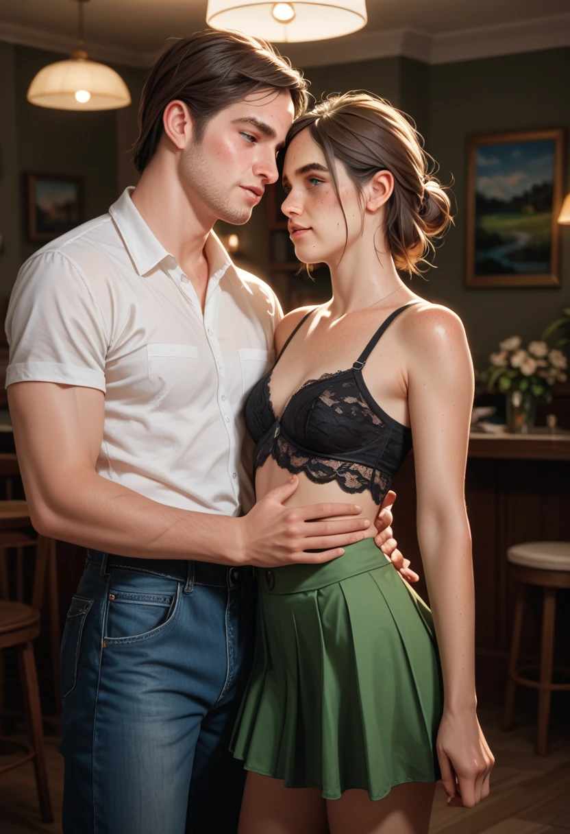 NSFW, Ellie Williams,  character from the game 'The Last Of Us' , Young,  perfect body,  dressed in a black lace top and a green mini skirt .  She walks hand in hand with a young man along the road next to the stream.  View from the waist up ,  highlighting the natural expression and the intimate moment between them .  vegetation in the background, soft afternoon lighting ,  quiet and cozy atmosphere . hyper realistic details, 8k,  movie grain ,  vibrant colors, genuine interaction .