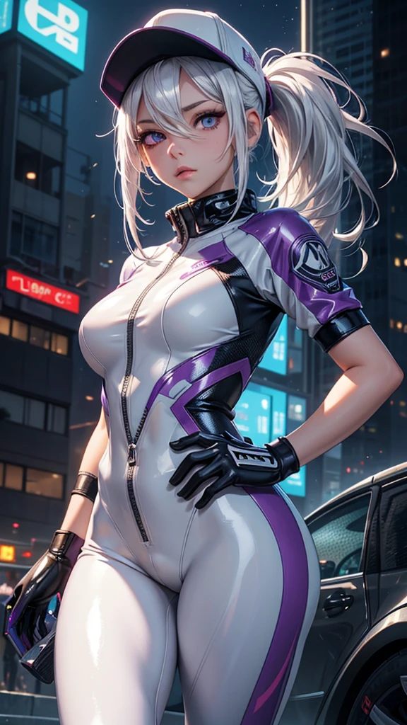 (masterpiece、Highest quality、Highest quality、Official Art、Beautiful and beautiful:1.2)、(One girl:1.3)Hatsune Miku、Twin tails,Beautiful breasts,Lisa Blackpink, (Highest quality, Ultra-high resolution, Realistic: 1.4), (Cowboy Shot:1), 1 beautiful girl, Detailed face, (Hair style gradient: blonde:0.6 Silver:0.4, Full van, Long Bob Style:1), Combat pose, Contrasting, Perfect Anatomy, Smooth Skin, Professional Lighting, (Wearing color：purple、black、Silver),((Wearing a futuristic police racing suit, Long skirt, Police emblem, High-tech headsets, Military Gun Corset, Racing Gloves, machine gun)), (布地の色は赤・Silver・purple・blackを基調としています), (background, Back Storage), Very long hair brown. whole body, please sit down, background street japan city, walking