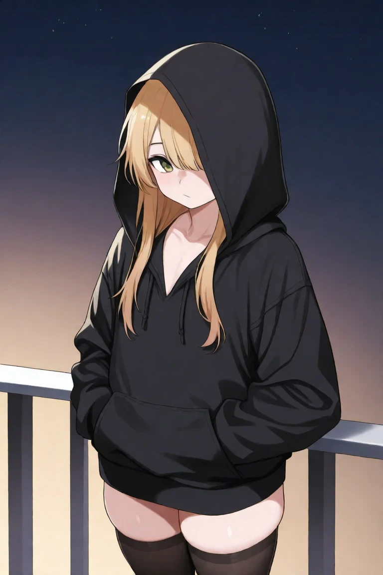 Black hoodie, femboy, long hair, caramel blonde, pale, leaning on balcony guardrail, night background, black thigh high socks, flat chest, thick thighs, bangs covering one eye, hands in hoodie pockets