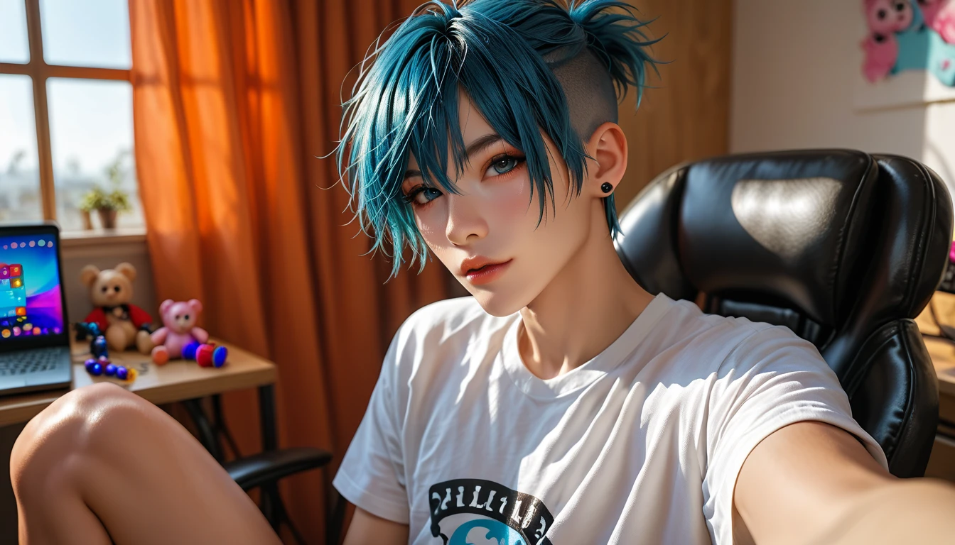 a young skinny chinese femboy is sitted on a chair in front of his computer, he is naked with only a t-shirt showing his small hairless penis taking a selfie, he his slim, cute face expression, emo hairstyle, skinny abs, sexy position, sweet warm room with toys. he looks younger than 14 old age