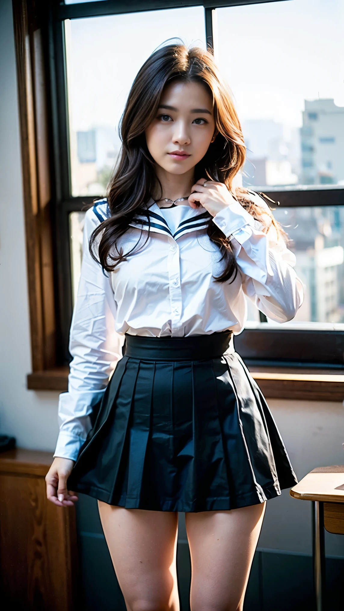 [Masterpiece, Best Quality, High Definition, Photorealistic: 1.6], Beautiful and Detailed Face and Eyes, Movie Lighting, 1 Girl, 17 Years Old, Cute Japan Girl, Large and Taut, [Big: 1.9], (Incredibly Big), Cute Saggy Eyes, Beautiful Big Eyes, (Sexual Arousal: 1.5), (Looking at the Camera), [Japan High School Girl Uniform, Skirt Lift: 1.4], Panties