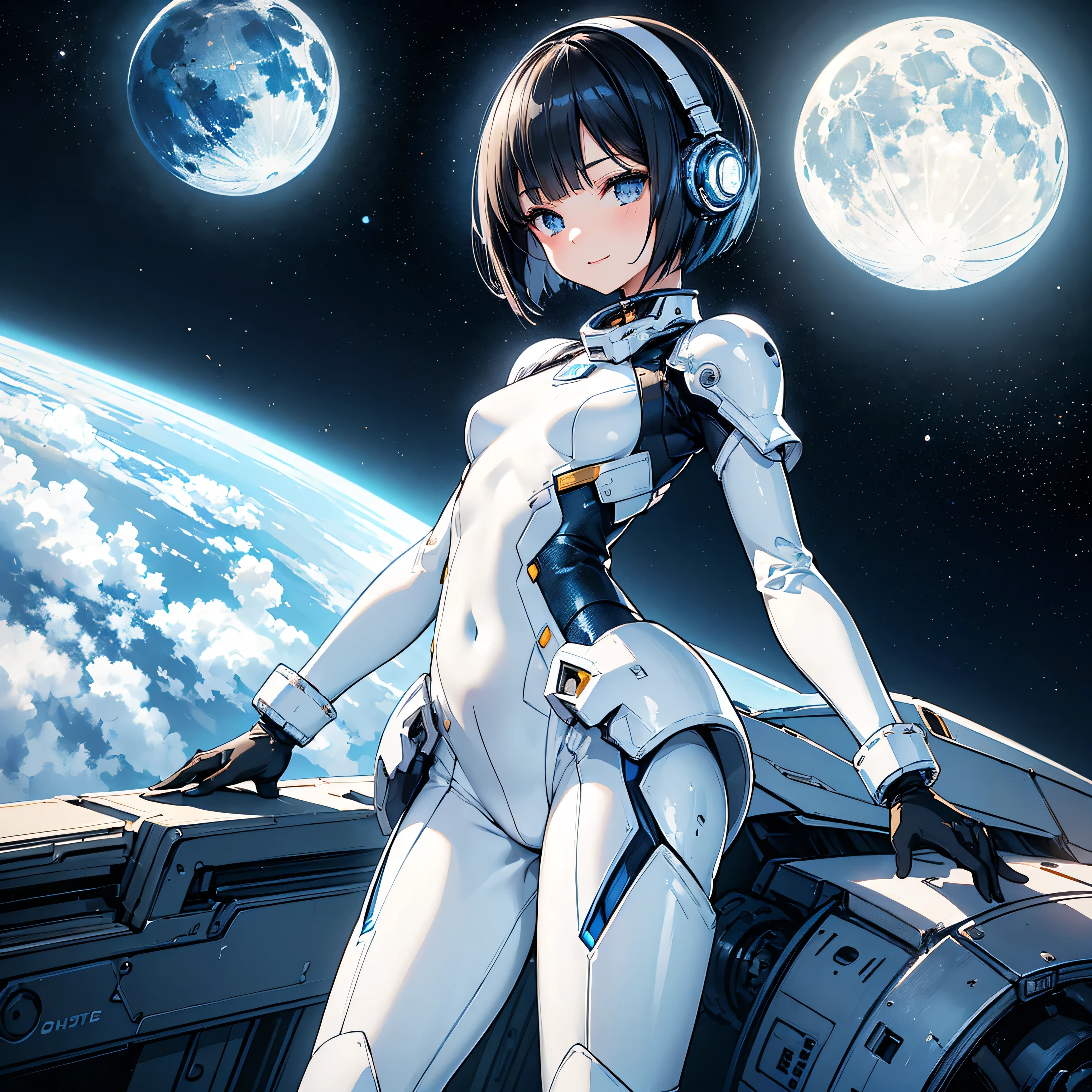 (masterpiece、 top quality 、 highest resolution、 clear_image、 Detailed Details): (Whole body、A 20 year old girl、Japanese Faces、 small face、 slender、 dark blue super short bob cut hair、(Hidden small breasts:1.3)、Sparkling blue eyes 、 white, blue, and black shiny pilot suit、Chest protection armor、Tight fitting clothes、Clothing that covers the whole body、Glamorous clothes、 tight fit pants 、Hide your skin、 very delicate and beautiful、Detailed Skin、Hide your thighs、Hide your ass、 cute、A gentle smile、Soft expression、heroine、 headset、 long boots、Elbow-length gloves、 eye level shot、Peace talks between warring factions,attention arousal, Clever Blue Eyes,Face directly、 woman on a spaceship )、 background、Moon in the background、shiny pilot suit in white, blue and black colors with galaxy clouds on the background