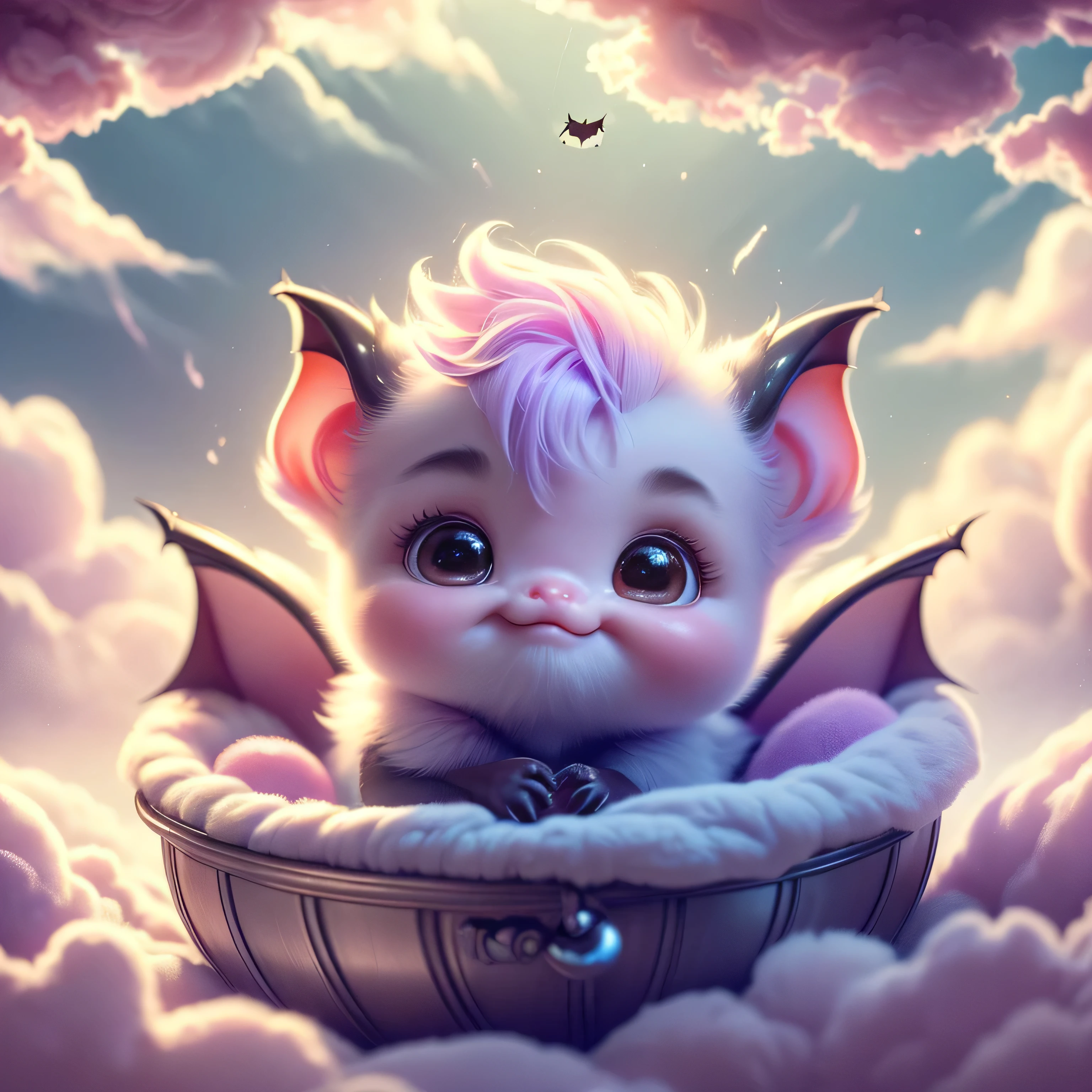 A beautiful, adorable baby bat made entirely of soft purple clouds, peacefully nestled in a bed of fluffy clouds. The baby bat has a gentle, serene expression as it sleeps, with its soft, dream-like appearance. The surrounding clouds are colored in pastel shades of pink and lilac, creating a warm and dreamy atmosphere. The entire scene is bathed in a soft, ethereal light, enhancing the magical and fantastical quality of the image. The baby bat should appear as a seamless part of the cloudscape, blending perfectly with the surrounding clouds, but still maintaining distinct, realistic features that highlight its cuteness and charm.