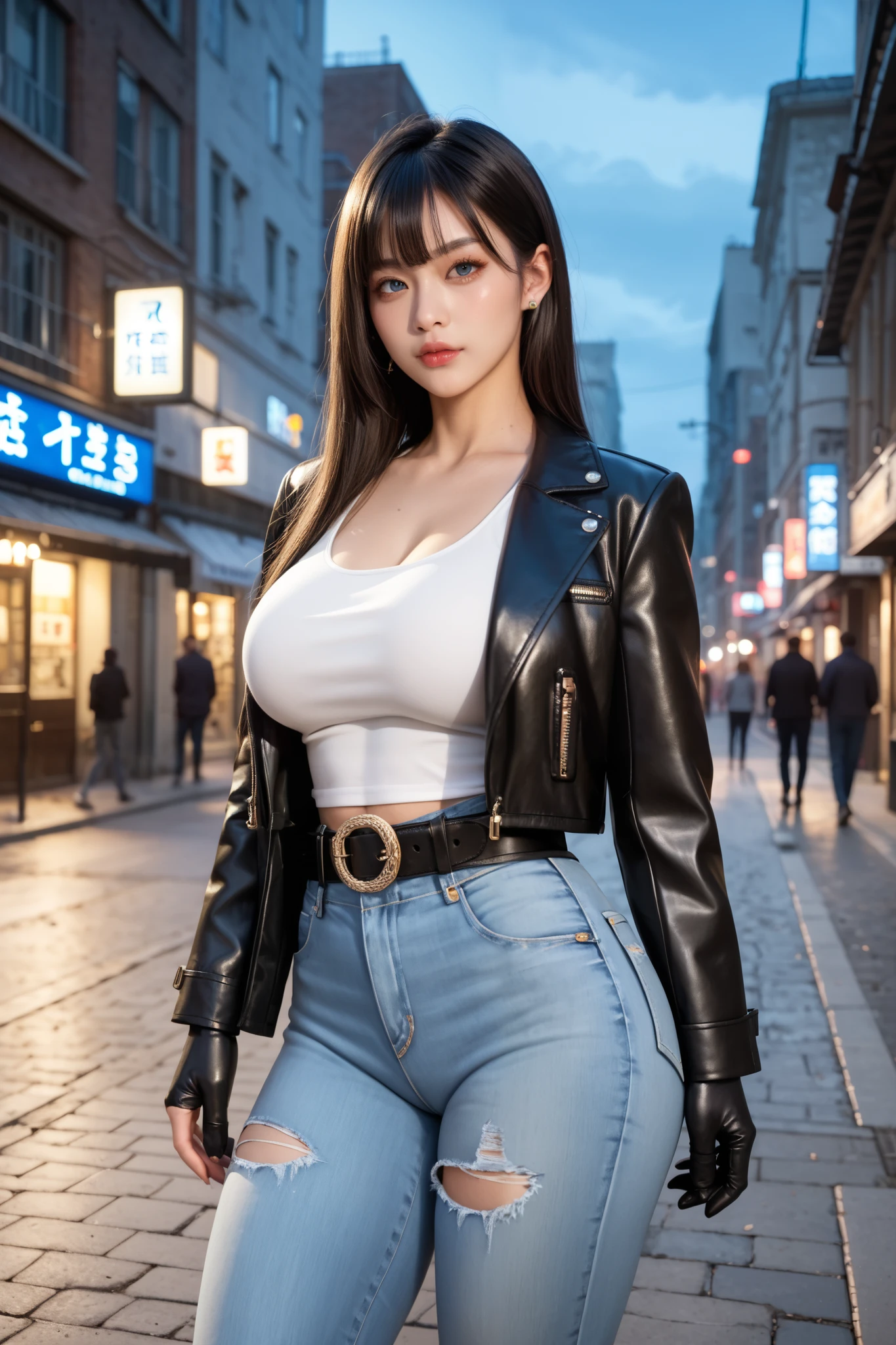 1 beautiful young girl, Super beautiful detailed face、 Symmetrical black eyes), hime cut hair, (Fine face:1.2), High quality, Realistic, Highly detailed CG unified 8K dendenden wallpaper, Highly detailed, High-definition raw color photos, Professional Photography, Realistic portrait, Cinematic Light, Beautiful detailed, Super Detail, high details, depth of fields, semi long hair、(thighs thighs thighs thighs、beauty legs)、Bare legs、 Super beautiful detailed face, KPOP Idol Face,(Best Quality, 4K, 8K, hight resolution, masutepiece:1.2), Ultra-detailed, (Realistic, Photorealistic, Photorealsitic:1.37), (Beautiful detailed eyes, Beautiful detailed lips, extremely detailed eye and face), (Big Tits, ultra gigantic tits, Glamorous body), ((Black leather clothing、Black leather long coat)),(Long black straight hair, Shiny hair, Shiny skin), (Holding a weapon in your hands)、((Sharp eyes))、(midnight cyberpunk city)、(pointing weapon at the viewer)、(Midnight City)、Midnight City、leather thimble gloves、Dark