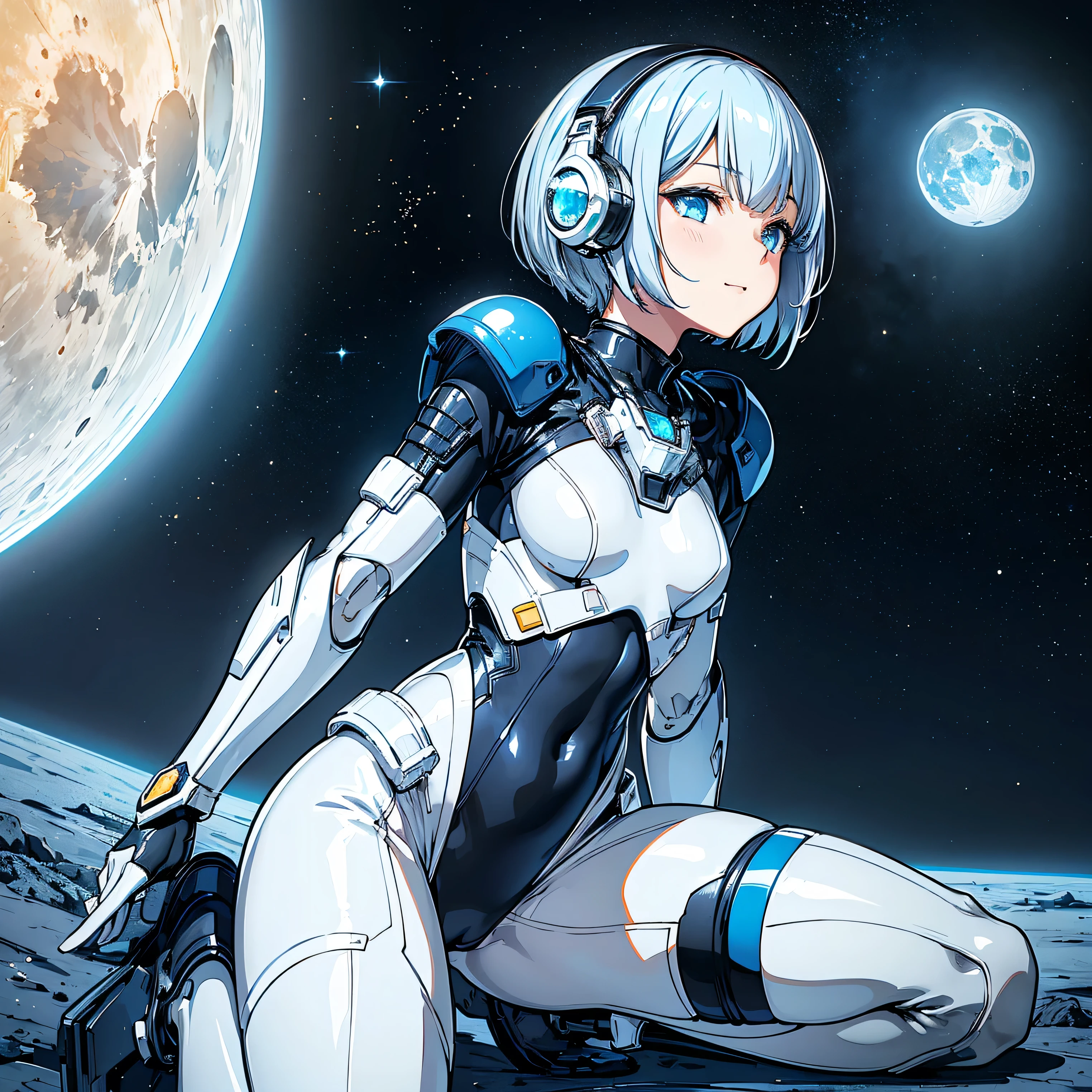((Masterpiece)), ((Best Quality)), ((Best Quality)), (Illustration of One Boy), Full Body, ((Bishonen)), (Man's Daughter), (Neutral), (((Silver Hair Bob Cut)), Hair Band, Green Eyes, (((Brown Skin)), (Toned Body), Abs, ((White Pilot Suit)), ((Inside the Spaceship)), (Outside the Window, Space, Earth from Space, Spaceport)