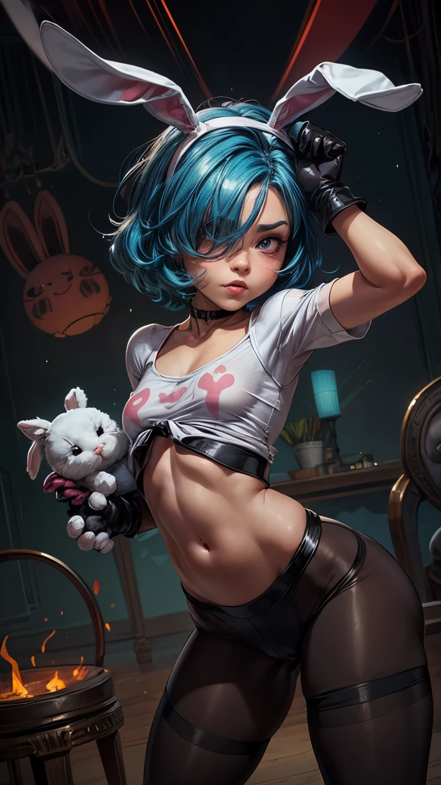 a woman posing with a white bunny shirt and pantyhose, 1girl, animal ears, solo, animal hands,bunny tail,cute,pretty, thighhighs, blue hair, hair over one eye, long hair, gloves, paw gloves, looking at viewer,(cute), ((flat chested, flat stomach, )), (intense colors)