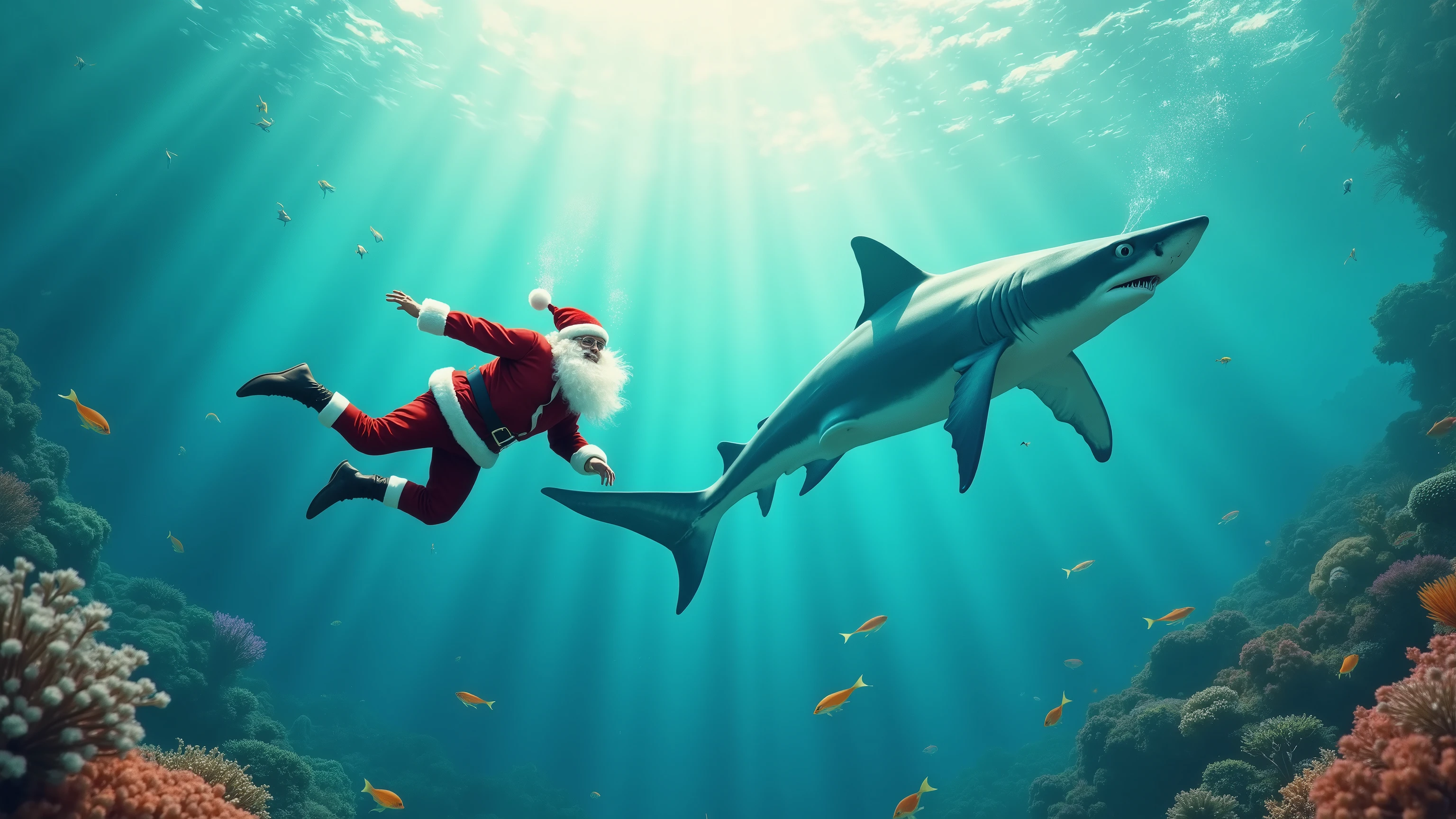 santa claus simming with shark in Philippines