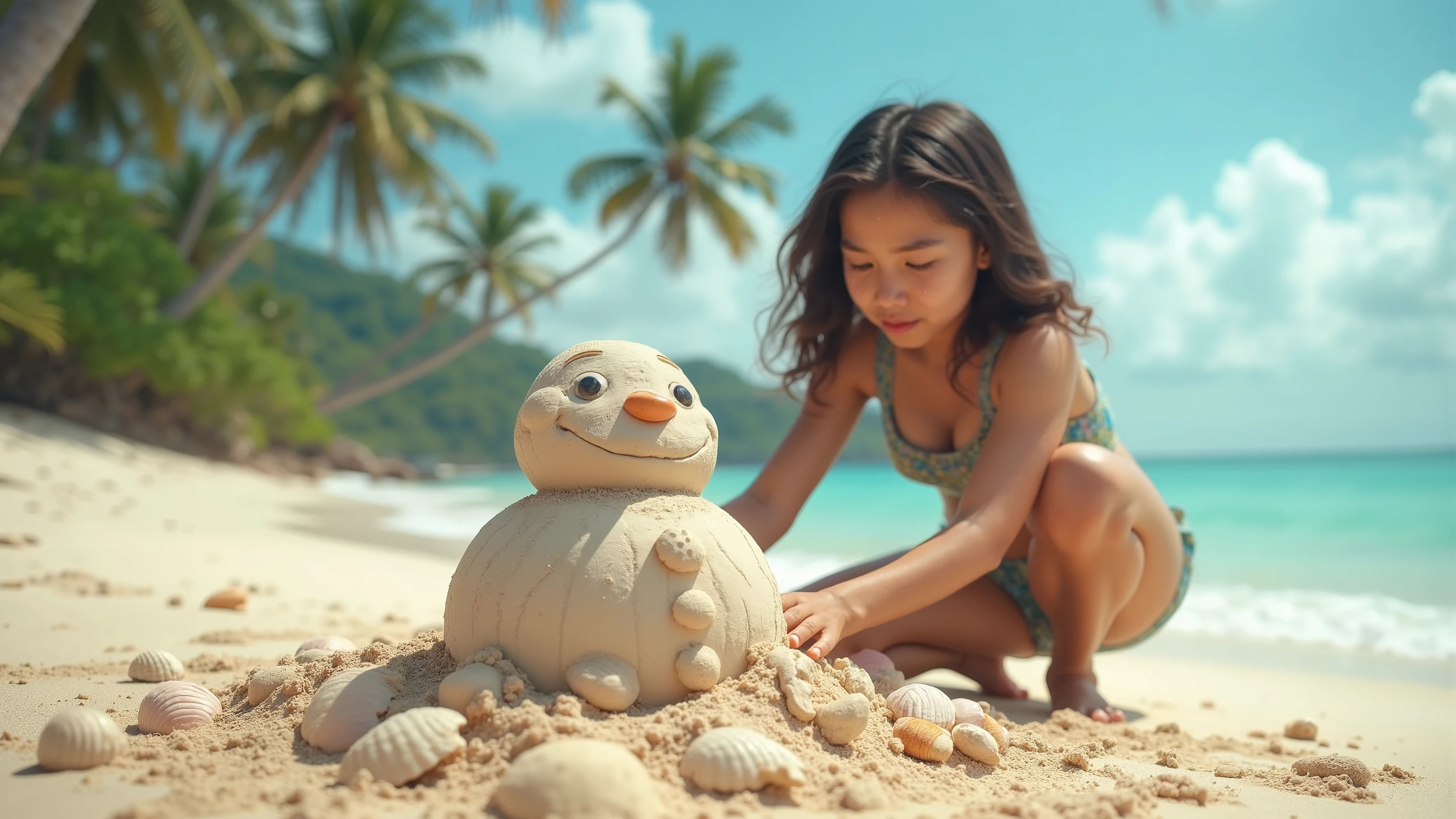 ren in the philippines buidling a Snoman out of sand on a beach