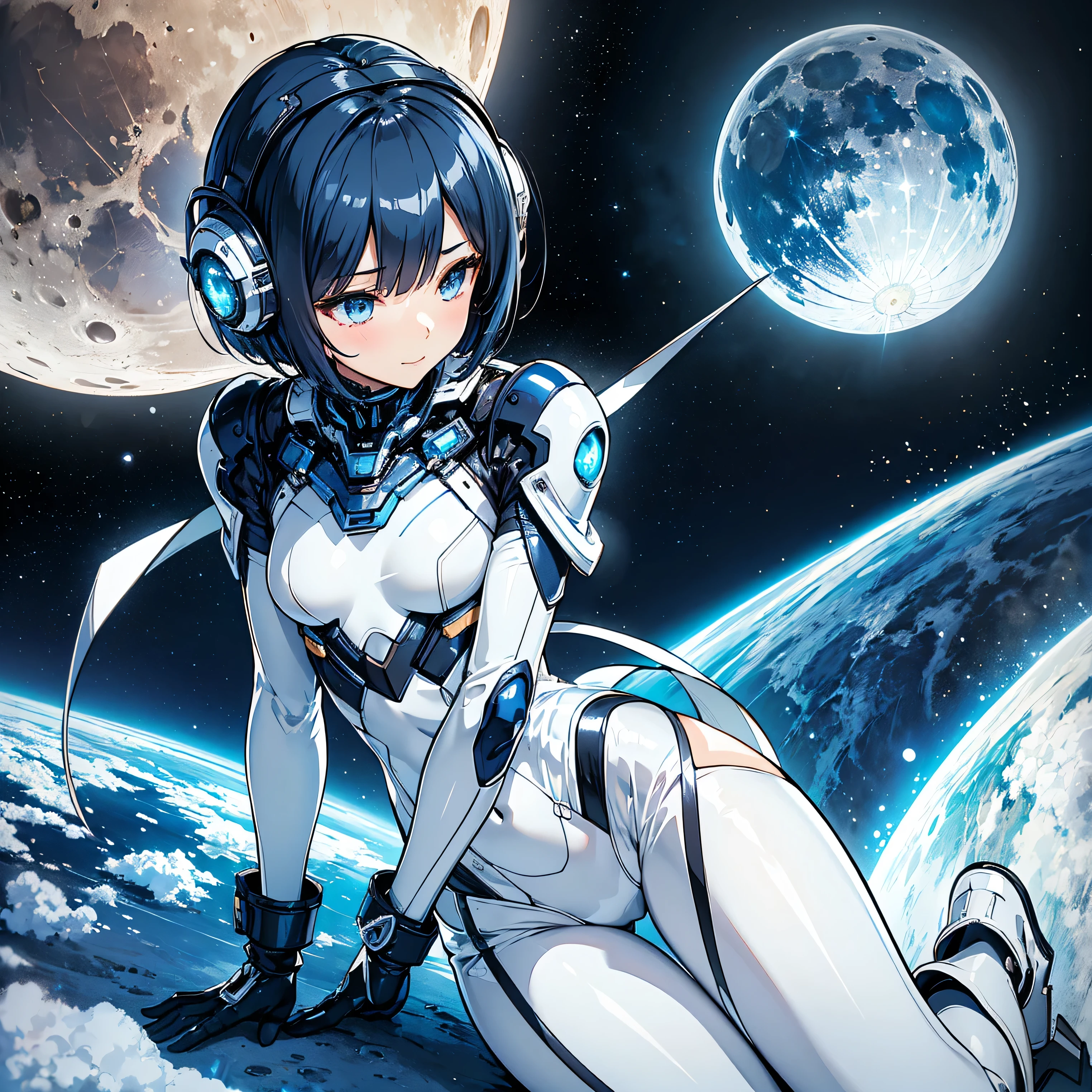 (masterpiece、 top quality 、 highest resolution、 clear_image、 Detailed Details): (Whole body、A 20 year old girl、Japanese Faces、 small face、 slender、 dark blue super short bob cut hair、(Hidden small breasts:1.3)、Sparkling blue eyes 、 white, blue, and black shiny pilot suit、Chest protection armor、Tight fitting clothes、Clothing that covers the whole body、Glamorous clothes、 tight fit pants 、Hide your skin、 very delicate and beautiful、Detailed Skin、Hide your thighs、Hide your ass、 cute、A gentle smile、Soft expression、heroine、 headset、 long boots、Elbow-length gloves、 eye level shot、Peace talks between warring factions,attention arousal, Clever Blue Eyes,Face directly、 woman on a spaceship )、 background、Moon in the background、shiny pilot suit in white, blue and black colors with galaxy clouds on the background 