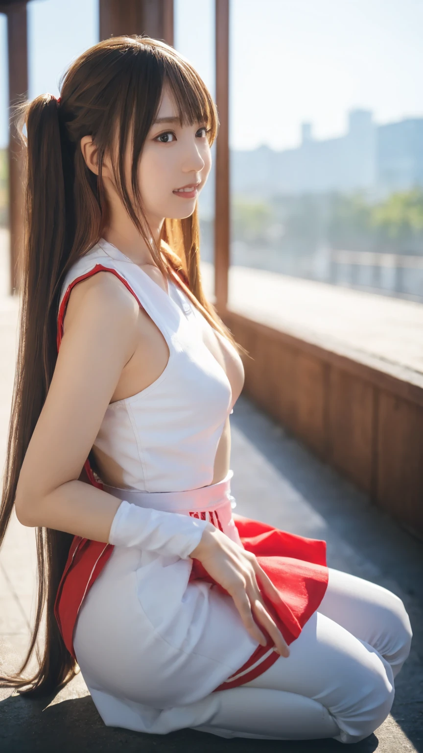 ((Can be taken from the side):1.3), one girl,Heavy makeup,  perfect body ,Hotel Bedroom, without standing,, ( small breasts:1.3),  long hair, ,smile, slender body ,((28 years old):1.3),  bun hair ,white separable sleeveless, red skirt , knee-high boots, Full Body Portraits , top quality ,  RAW photo,  realistic , ,cute,  view high resolution below ,  Details, Very  Details, extremely  Details eye and 顔,  sharp pupils, Sharp Focus ,( cinematic lighting ),(Yuki Asuna's Outfit )