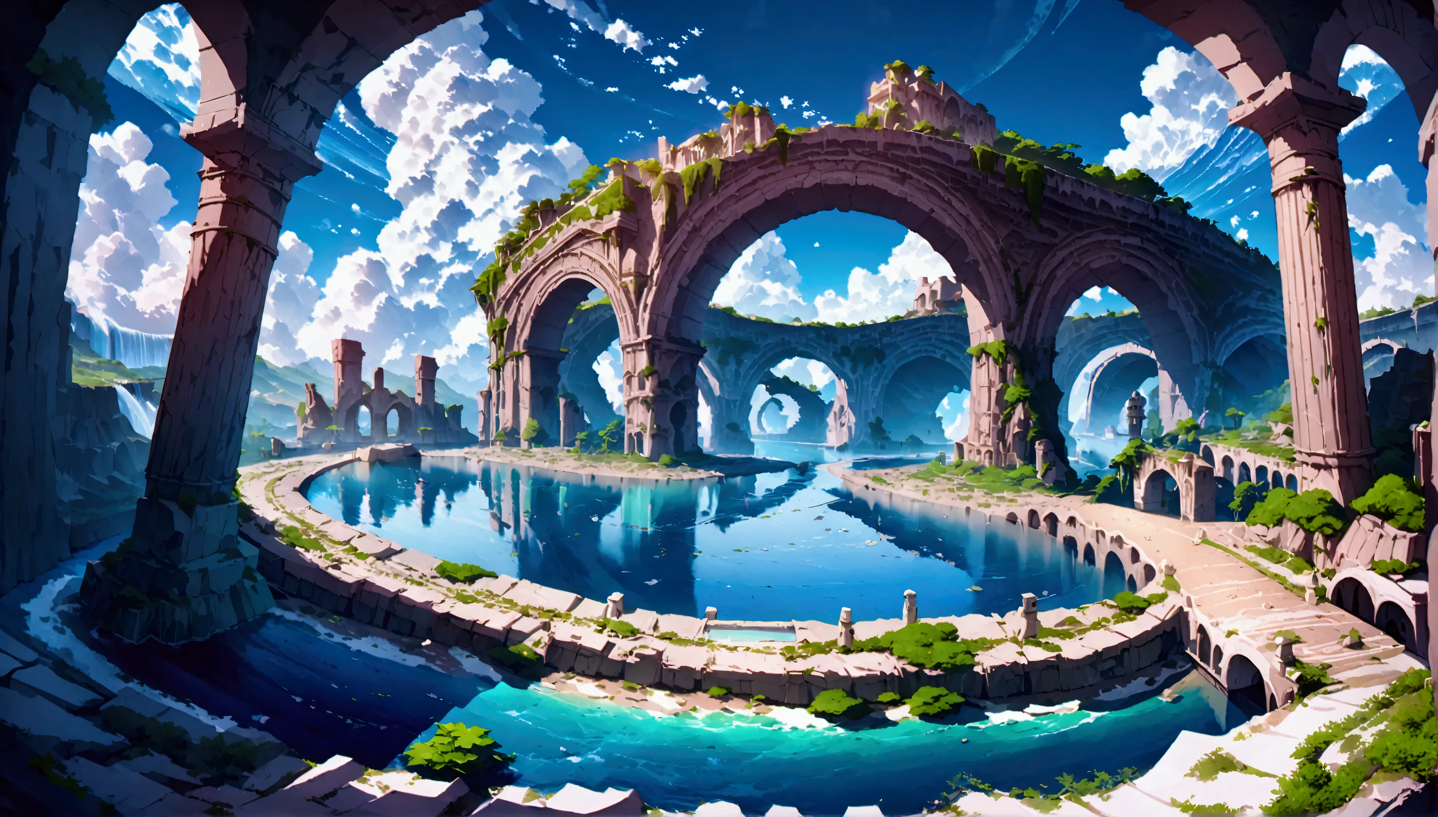  resolution 8k, surreal,  super detailed , De alta calidad,  Fantastic city , imposing arches and bridges , cascading waterfalls, ancient ruins,  lush vegetation , Winding river,  blue sky with fluffy clouds ,  detailed stone structures , Picturesque landscapes,  mix of natural and architectural beauty,  vibrant colors