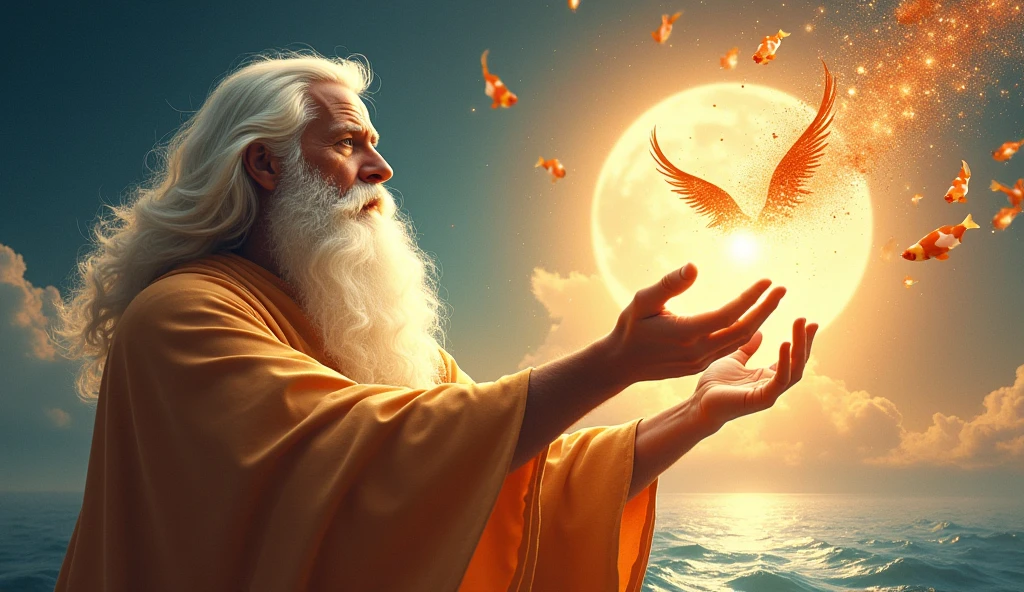 Imagine an epic and stylized scene where God appears as a majestic and energetic figure, as he creates the birds in the sky, clown fish in the sea, whales, and animals in general. His face shines so brightly that it is invisible, with a white beard and long white hair, glowing particles floating in the air. He raises His hand with authority, as warm-colored rays of light shoot out from His fingers, illuminating everything around Him. In the background, you can see the moon and the sun as God distributes the new elements, a contrast of clarity with lots of light, with the idea that He is beginning a great work of cosmic art. The expression on God's face reflects determination and creativity, and lots of joy with contemporary style to give the biblical moment a modern vibe.