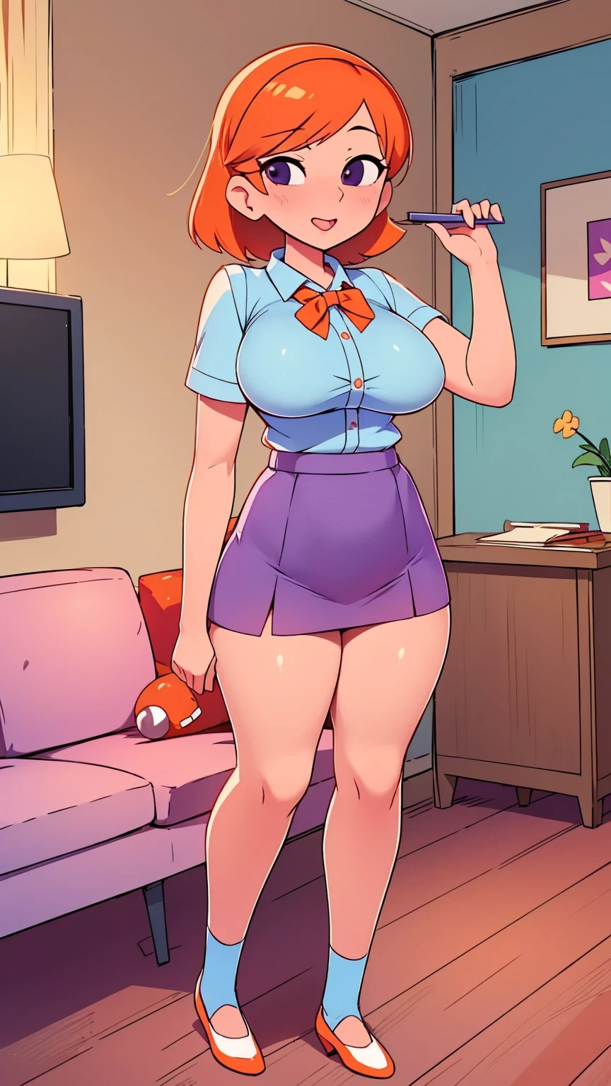  a ******* girl sexy attractive beautiful cool popular short orange hair disheveled cut light red lip wears long light blue button shirt sensual curves and a short purple miniskirt pair short blue socks legs white heel she walking living room class, huge breasts, lifting skirt, tall, lifting skirt