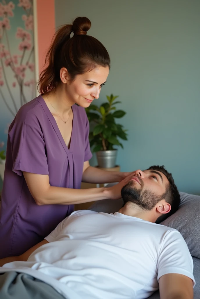 young man lying in uniform on a therapy bed, receiving acupuncture