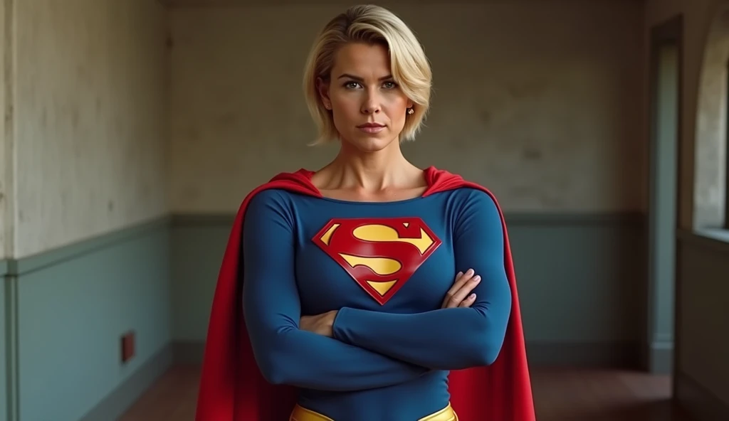 Spooky alien spaceship((Supergirl Costume))British blonde woman standing facing forward, Perfect Female Anatomy、Sci-fi horror, 1982年のmovieのワンシーン, movie「The Thing」Appeared in (1982), 非常にリアルなmovieのスチール写真, Full color still images, Sci-fi horrormovieスチール, Alien autopsy, SFmovieのスチール写真, high resolution film still