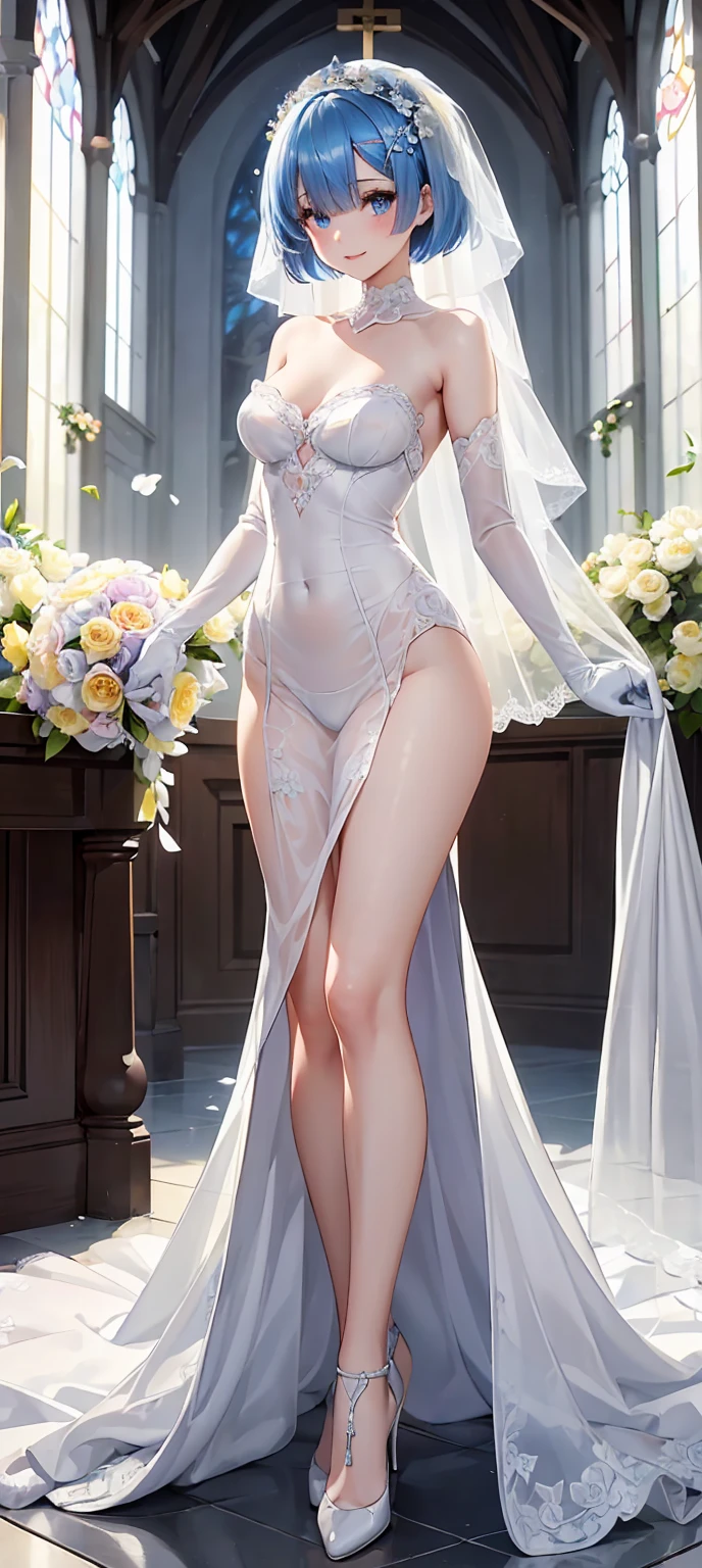 highly detailed skin, highly detailed face, (beautiful detailed eyes, red cheeks, smile), ((a girl stands)), The girl is a cute 18 year old bride, ((no panties, Cute, thin pubic hair)), (Not wearing a bra, small breasts, cute nipples), (yellow green wedding dress), ((yellow green heel shoes)), white tights, short lace skirt, light brown hair, bob cut hairstyle, flower hair ornament, earrings, yellow-green lace gloves, The Veil of the Bride, bride tiara, beautiful necklace, church chapel, A blizzard of falling flowers, ((Photographed from the front so that the girl&#39;s whole body is included)),