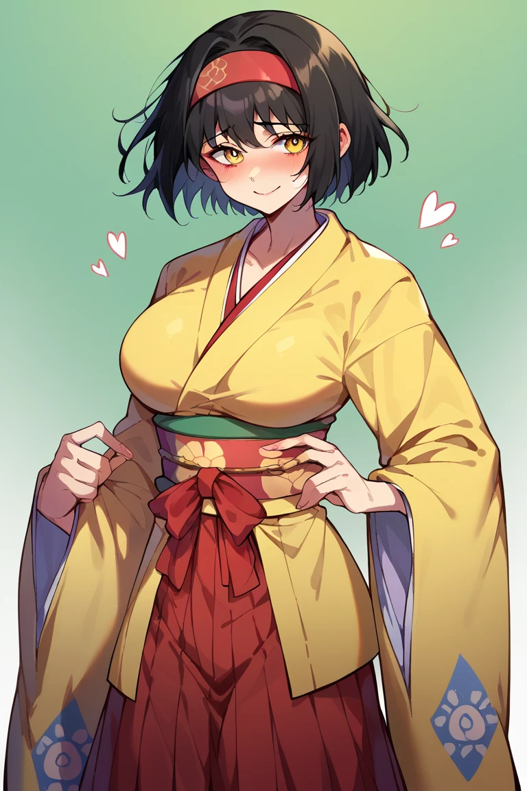 Top Quality Masterpiece High Resolution Erika, Black Hair, Yellow Eyes, Red Hairband, Beautiful Girl, Kimono, Wide Sleeves, Big Breasts, Yellow Kimono, Red Hakama, Short Hair, Blushing Love, Melodele, Dele, Shy Cowboy Shot, Yamato Nadeshiko, Smile Solo, Beautiful Hair