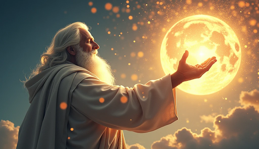 Imagine an epic and stylized scene where God appears as a majestic and energetic figure, as he creates the birds in the sky, clown fish in the sea, whales, and animals in general. His face shines so brightly that it is invisible, with a white beard and long white hair, glowing particles floating in the air. He raises His hand with authority, as warm-colored rays of light shoot out from His fingers, illuminating everything around Him. In the background, you can see the moon and the sun as God distributes the new elements, a contrast of clarity with lots of light, with the idea that He is beginning a great work of cosmic art. The expression on God's face reflects determination and creativity, and lots of joy with contemporary style to give the biblical moment a modern vibe.